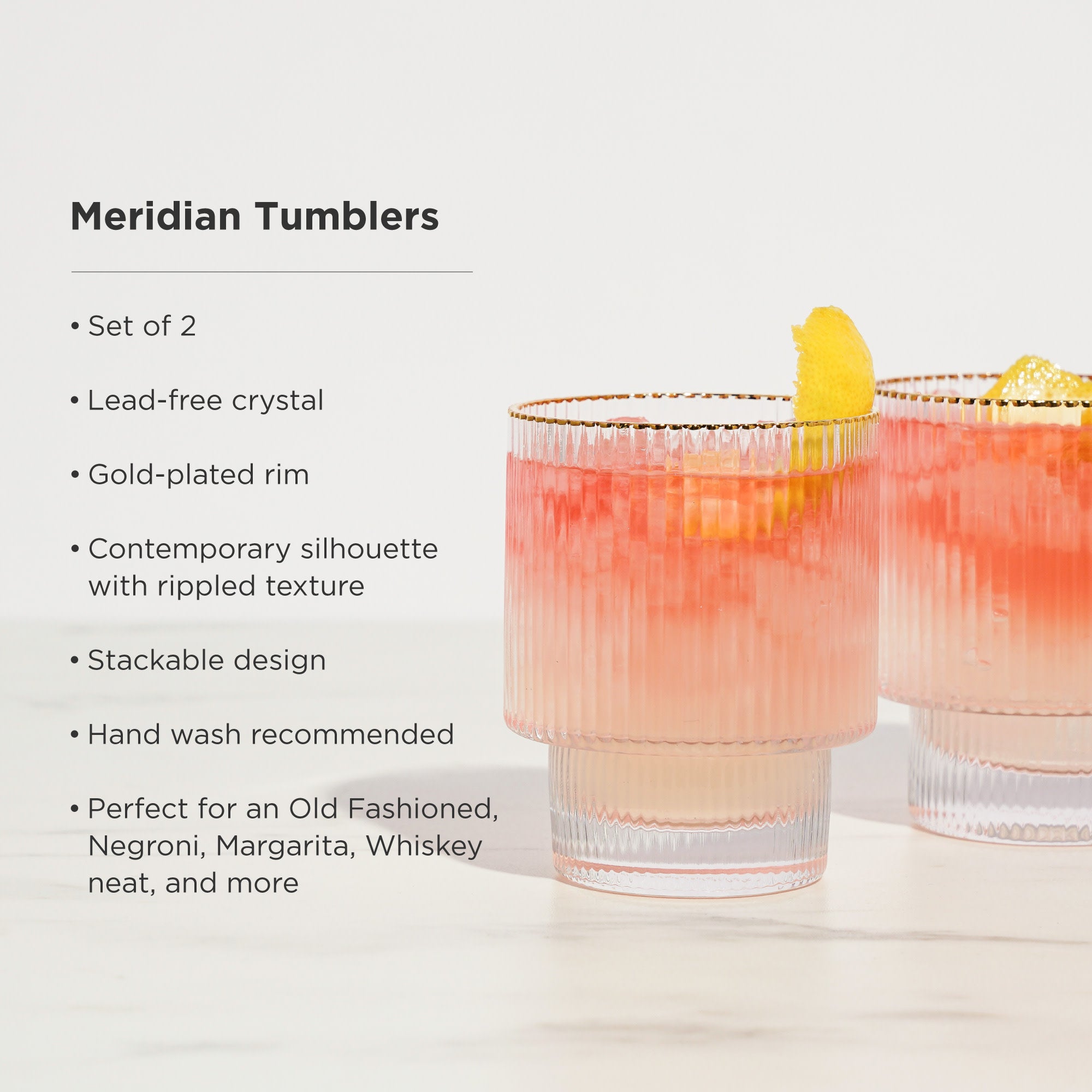 Premium Meridian Crystal Glass Tumblers Set of 2 - Elegant Drinking Glasses for Whiskey, Cocktails & Iced Beverages - Perfect for Home Bar, Dinner Parties & Gifts