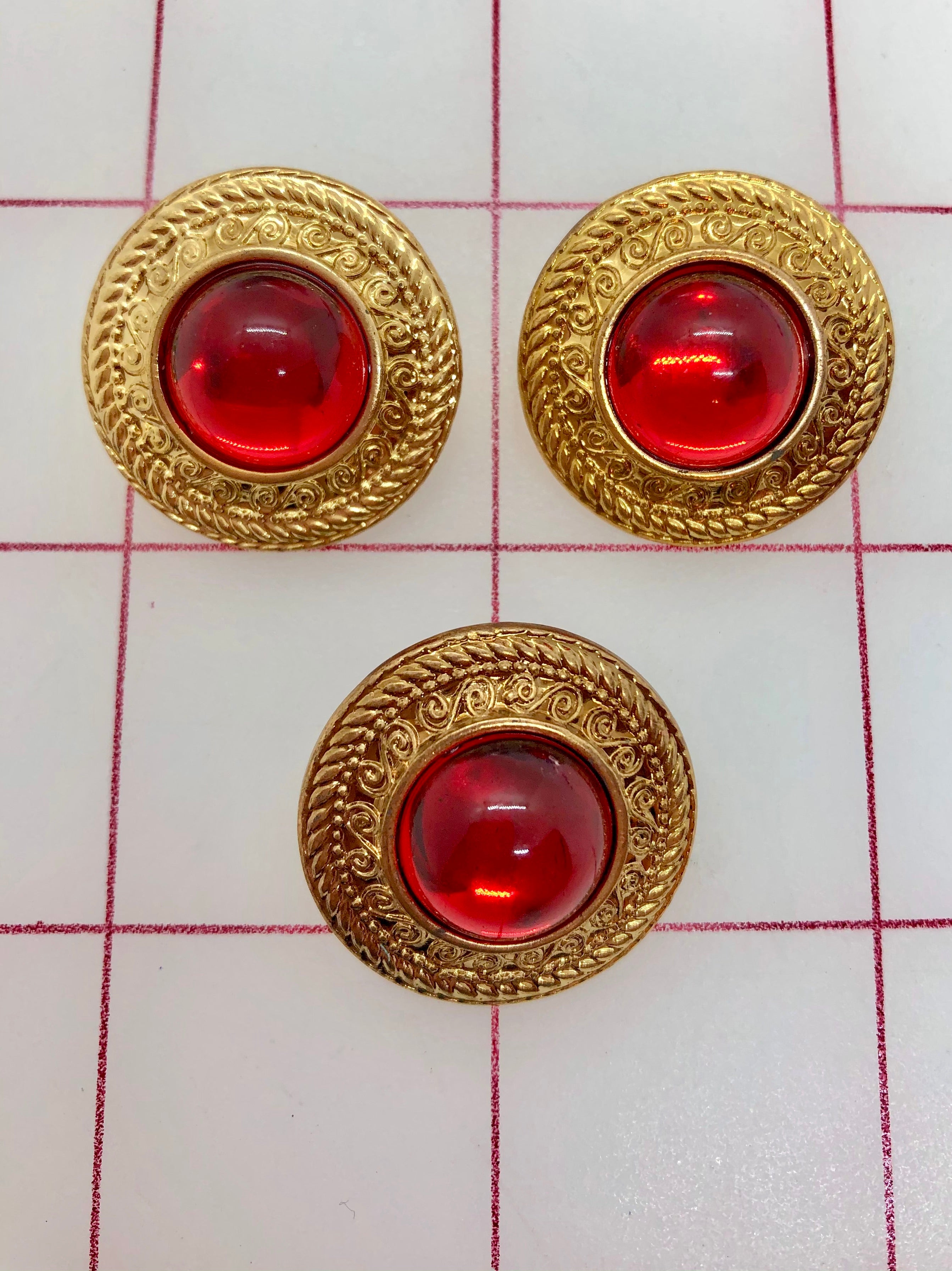 Gold & Red Acrylic Rhinestone Buttons 3-Pack - Elegant Sewing Accessories for DIY Clothing, Costumes, and Craft Projects