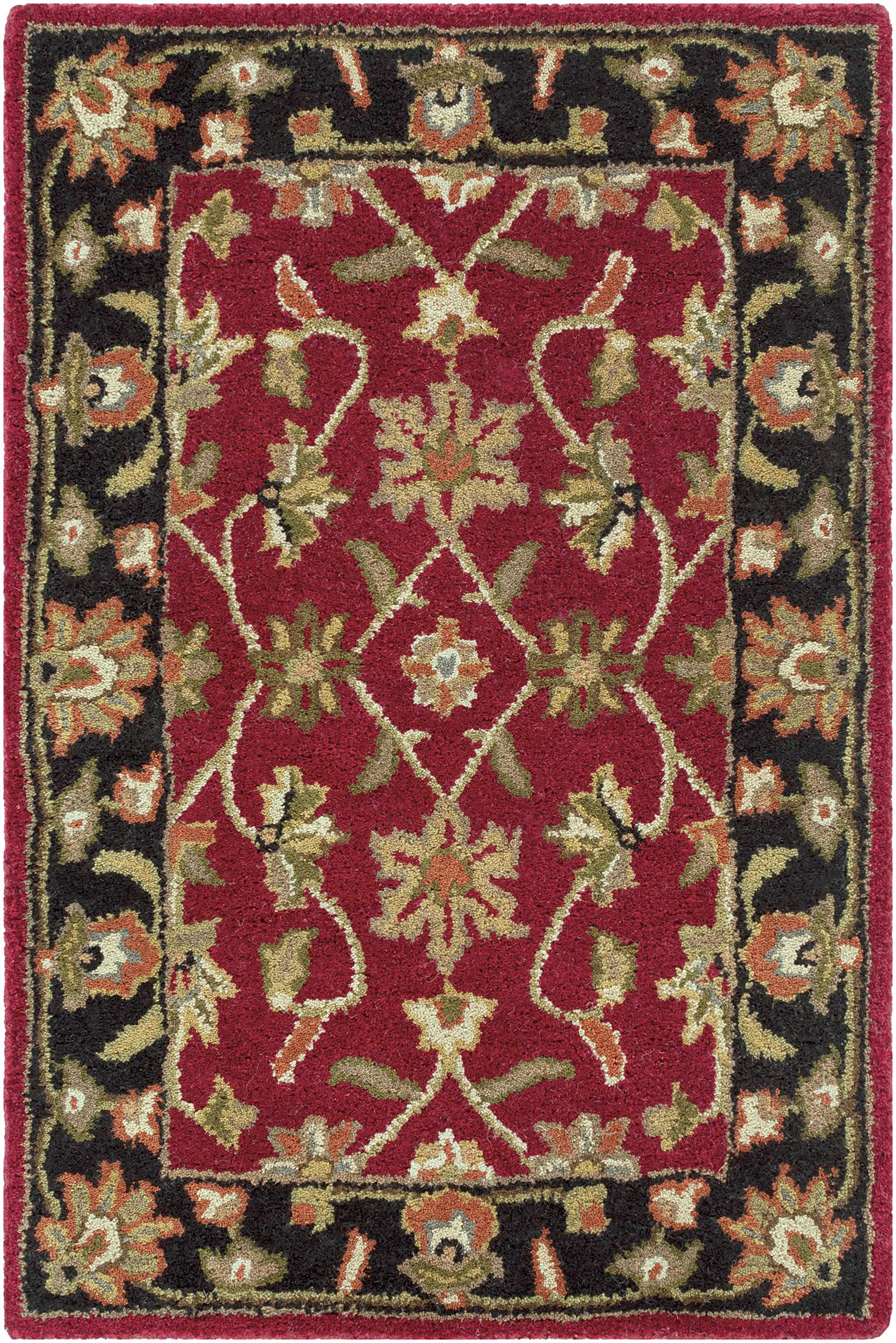 Hauteloom Porthcawl Wool Area Rug for Living Room & Bedroom - Traditional Design in Black, Brown, Red - 2' x 3' - Soft & Durable Floor Decor for Cozy Home Spaces