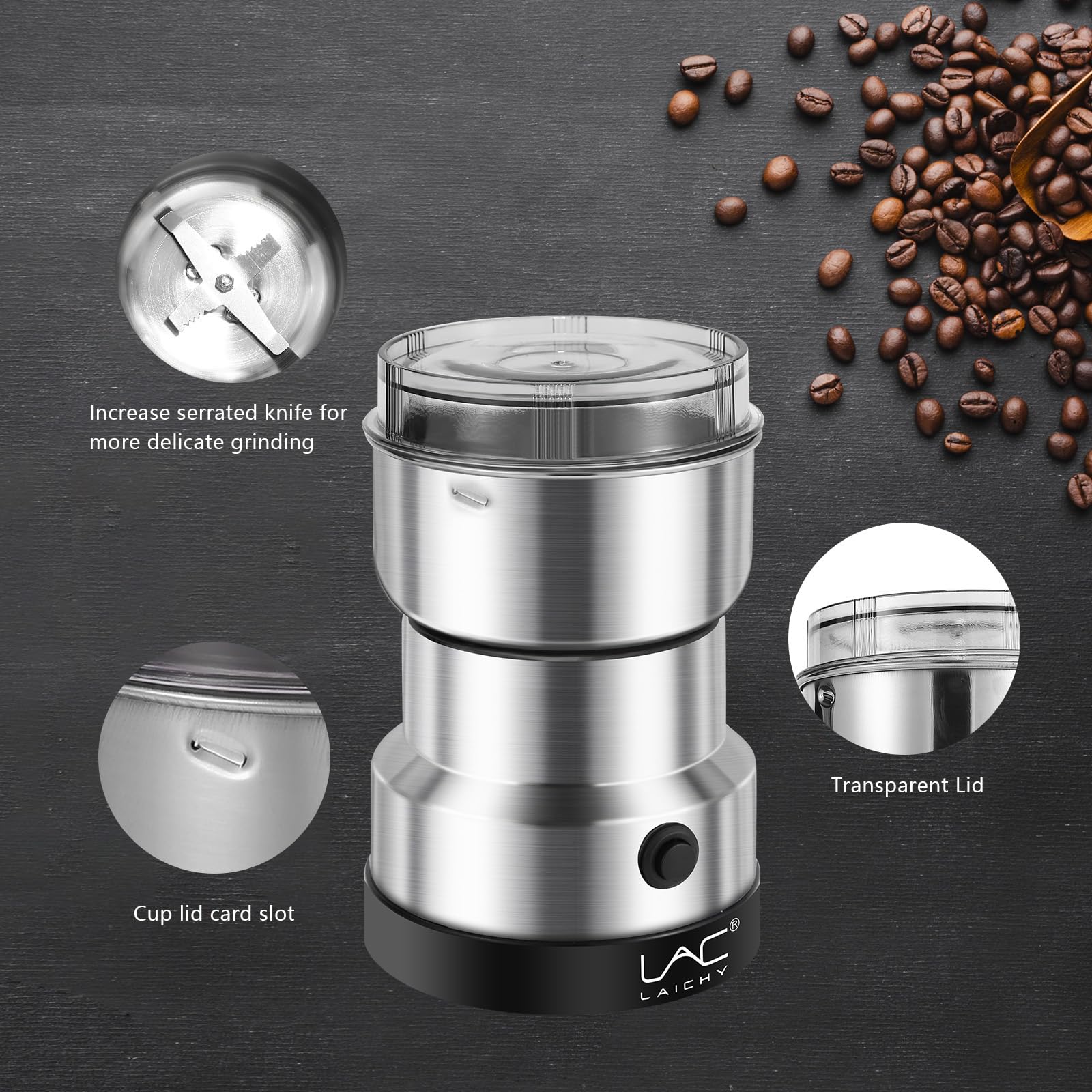 Electric Coffee Grinder & Spice Grinder - 150W Fast Grinding (10s) - Stainless Steel Blade for Coffee Beans, Nuts, Seeds, Rice & Seasonings - Perfect for Home Kitchen, Camping & Coffee Shops