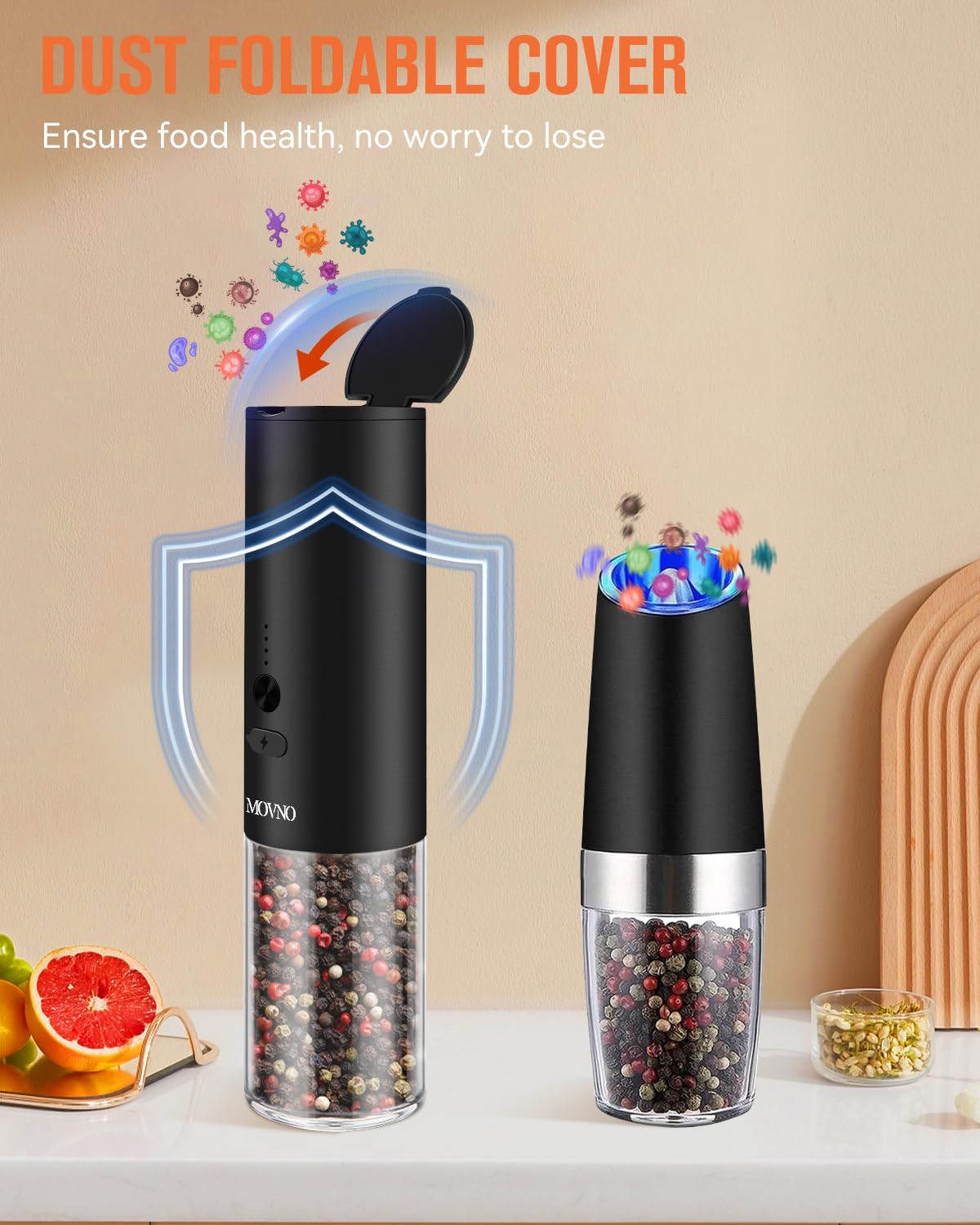 MOVNO Electric Salt and Pepper Grinder Set - USB Rechargeable, Adjustable Coarseness, LED Light, Large Capacity - Automatic Refillable Spice Mill for Kitchen, Dining & Cooking