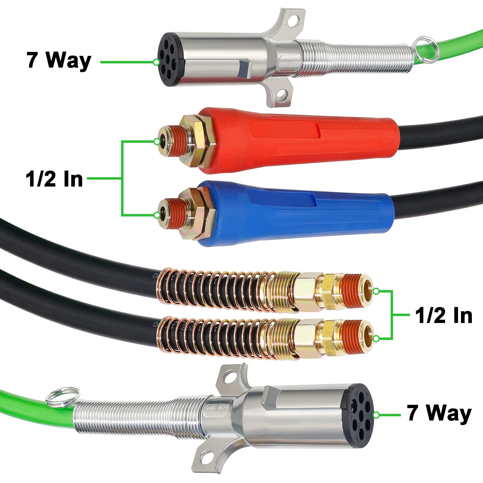 **15FT Air Line Hose Kit for Semi Trucks - 3-in-1 Wrap ABS & Power Air Hose with 2 Pairs Aluminum Emergency Glad Hands - Heavy Duty Tractor Trailer Air Brake System Accessories (Ideal for Long-Haul Transport & Emergency Repairs)**