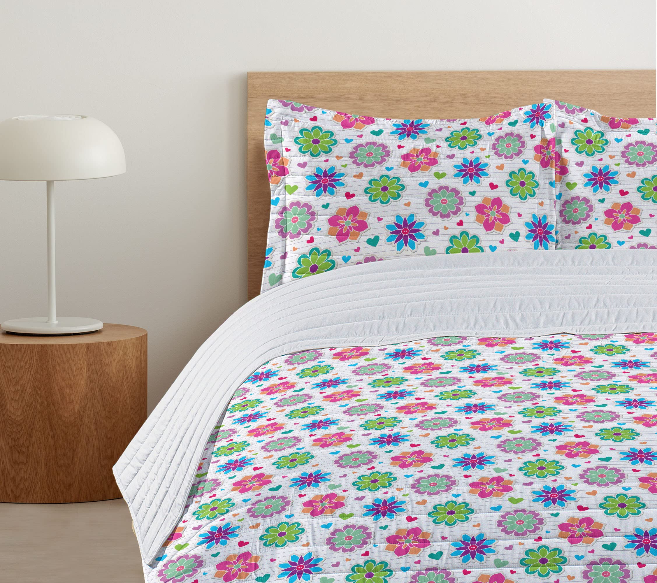 Ambesonne Retro Microfiber Bedspread Set - Vibrant Chamomile Flowers & Hearts Design, Soft King Size Bedding with Pillow Shams & Comforter | Perfect for Bohemian Bedroom Decor, Guest Room Makeover, and Cozy Home Styling