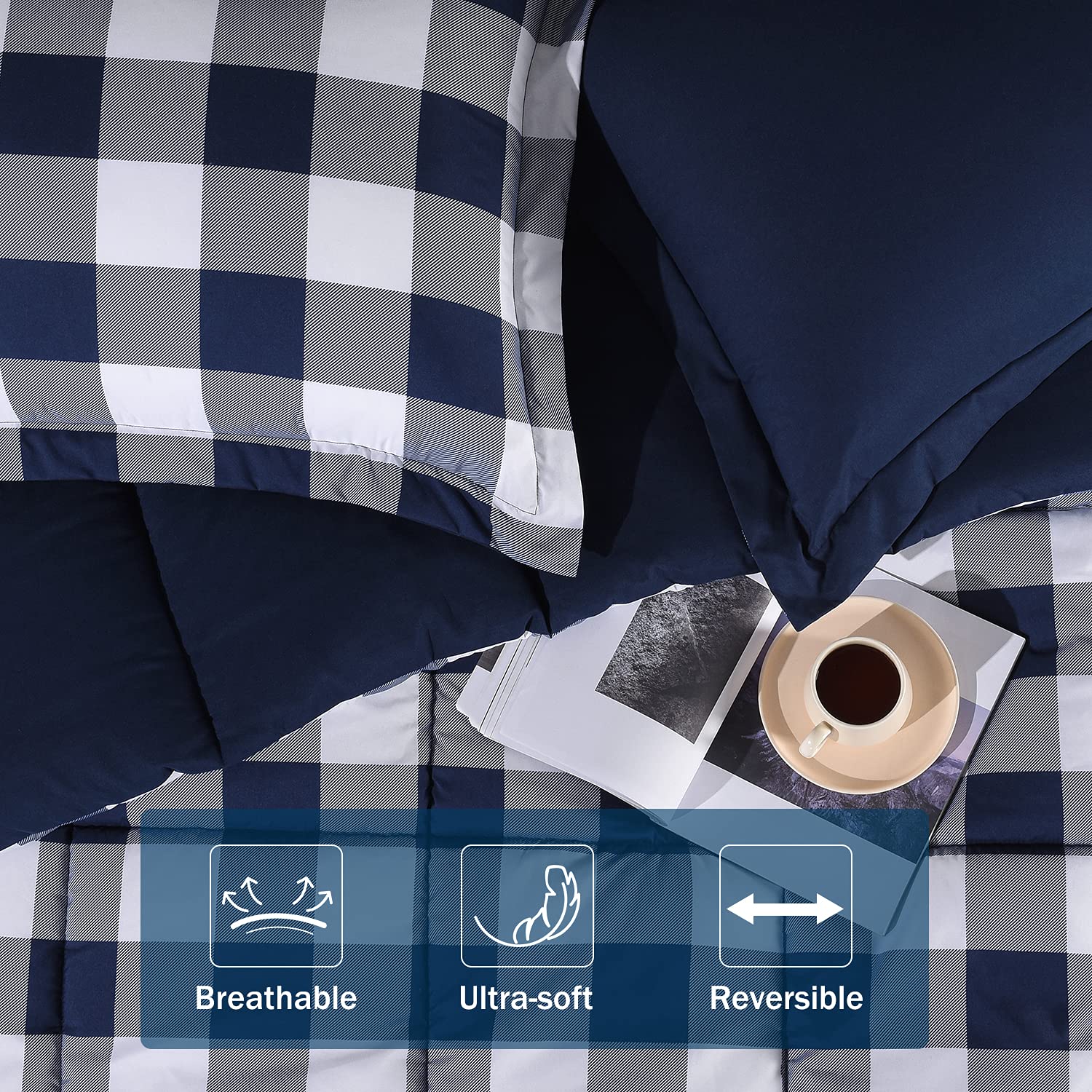 Downluxe Lightweight Plaid Comforter Set Queen Size - 3-Piece Reversible Down Alternative Bedding with 2 Pillow Shams - Blue & White Checkered Design - Perfect for Cozy Bedrooms, Guest Rooms & Dorm Decor