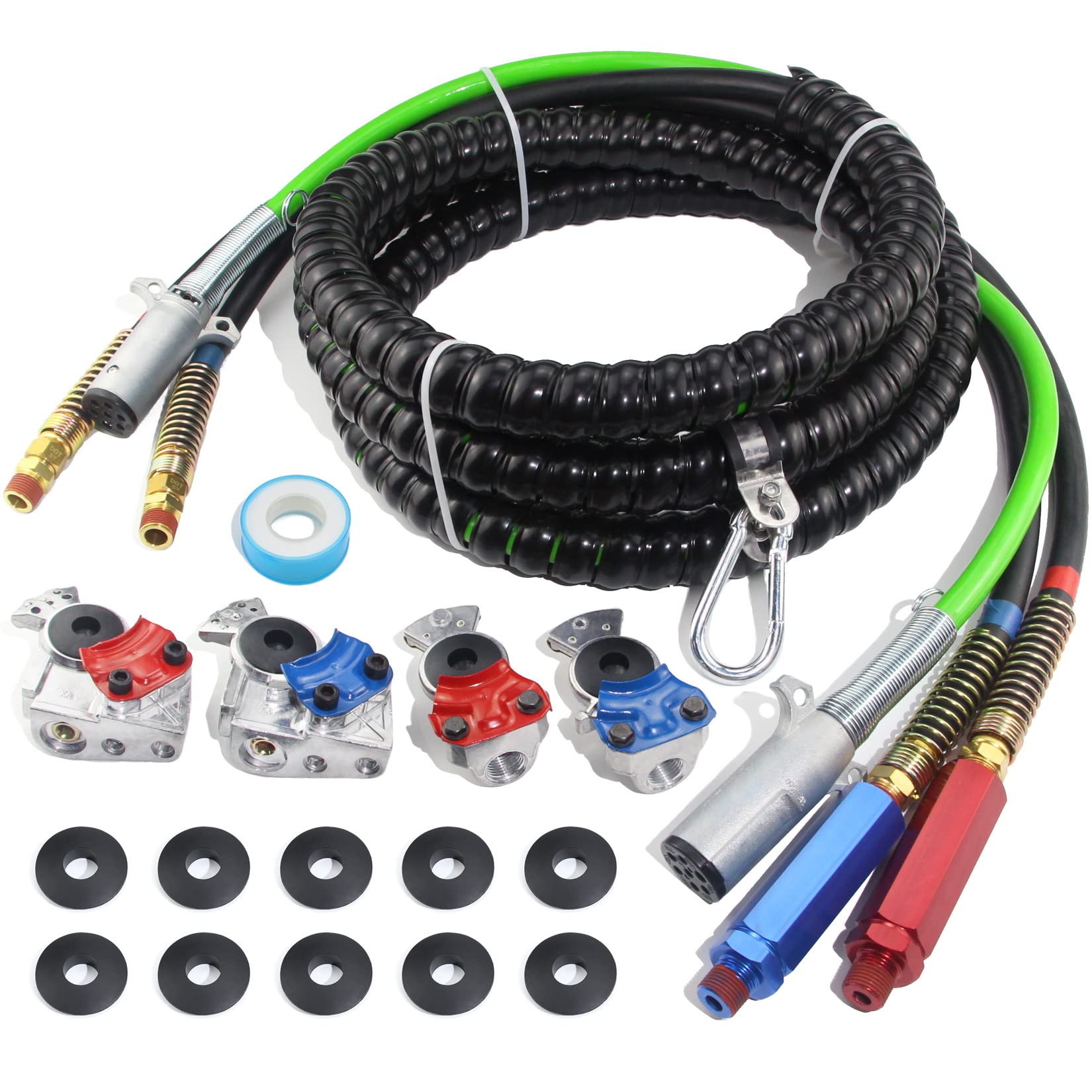 **15 Ft Heavy Duty 3-in-1 Air Line Hose Kit for Semi Trucks & Tractor Trailers – ABS Power Cord, 37° Glad Hands, Rubber Seals & Teflon Tape – Ideal for Brake Systems, Air Supply & Towing**    *(Use Case: Perfect for professional truck drivers, fleet maintenance, and long-haul towing operations.)*