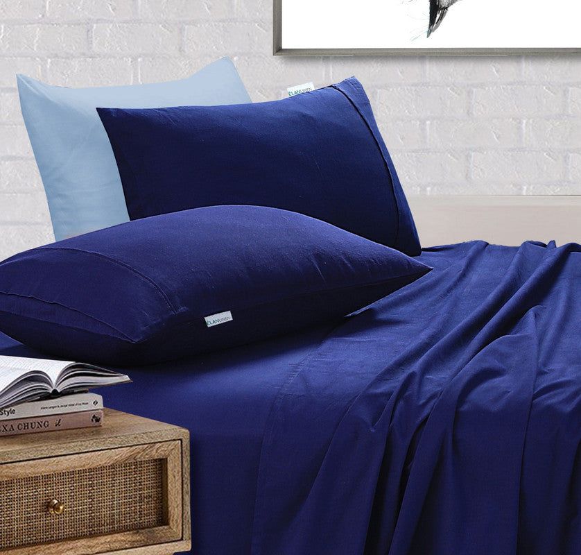 Premium 100% Egyptian Cotton Vintage Washed 500TC King Size Bed Sheet Set - Navy Blue Linen for Luxurious Comfort | Perfect for Master Bedroom, Guest Room & Hotel Use