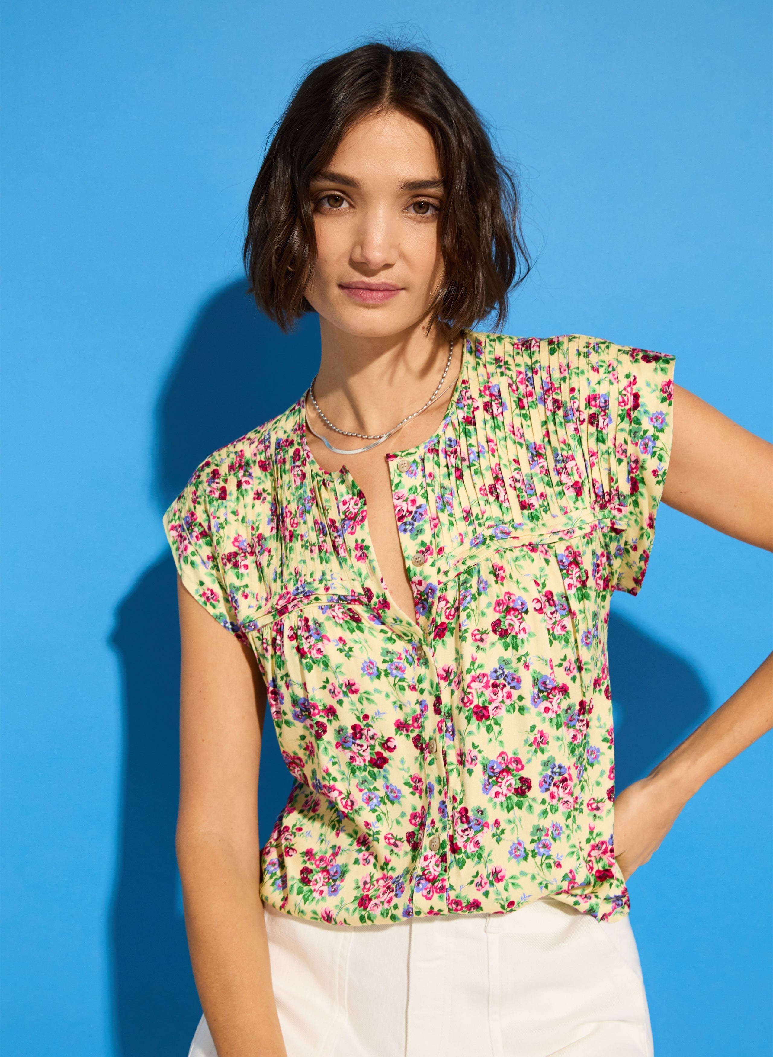 GIA LENZING™ ECOVERO™ Satin Cap Sleeve Blouse - Butter Floral Print Women's Top | Elegant Office Wear & Spring Outfits