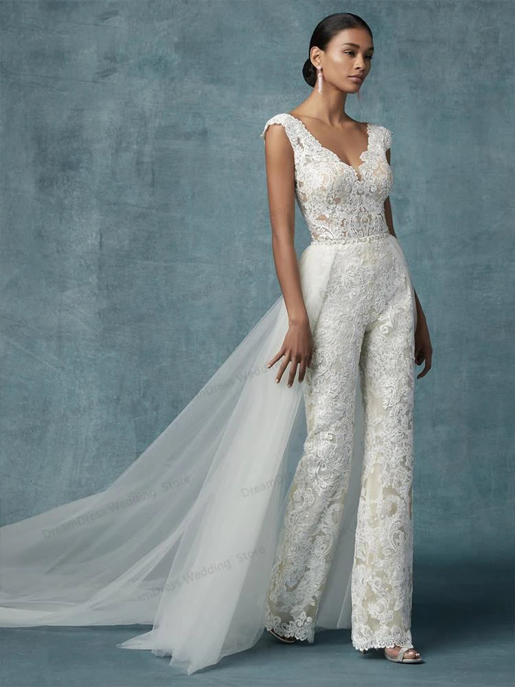 Elegant Lace Jumpsuit Wedding Dress with Detachable Train - Bride Pants Suit for Romantic Ceremony & Reception