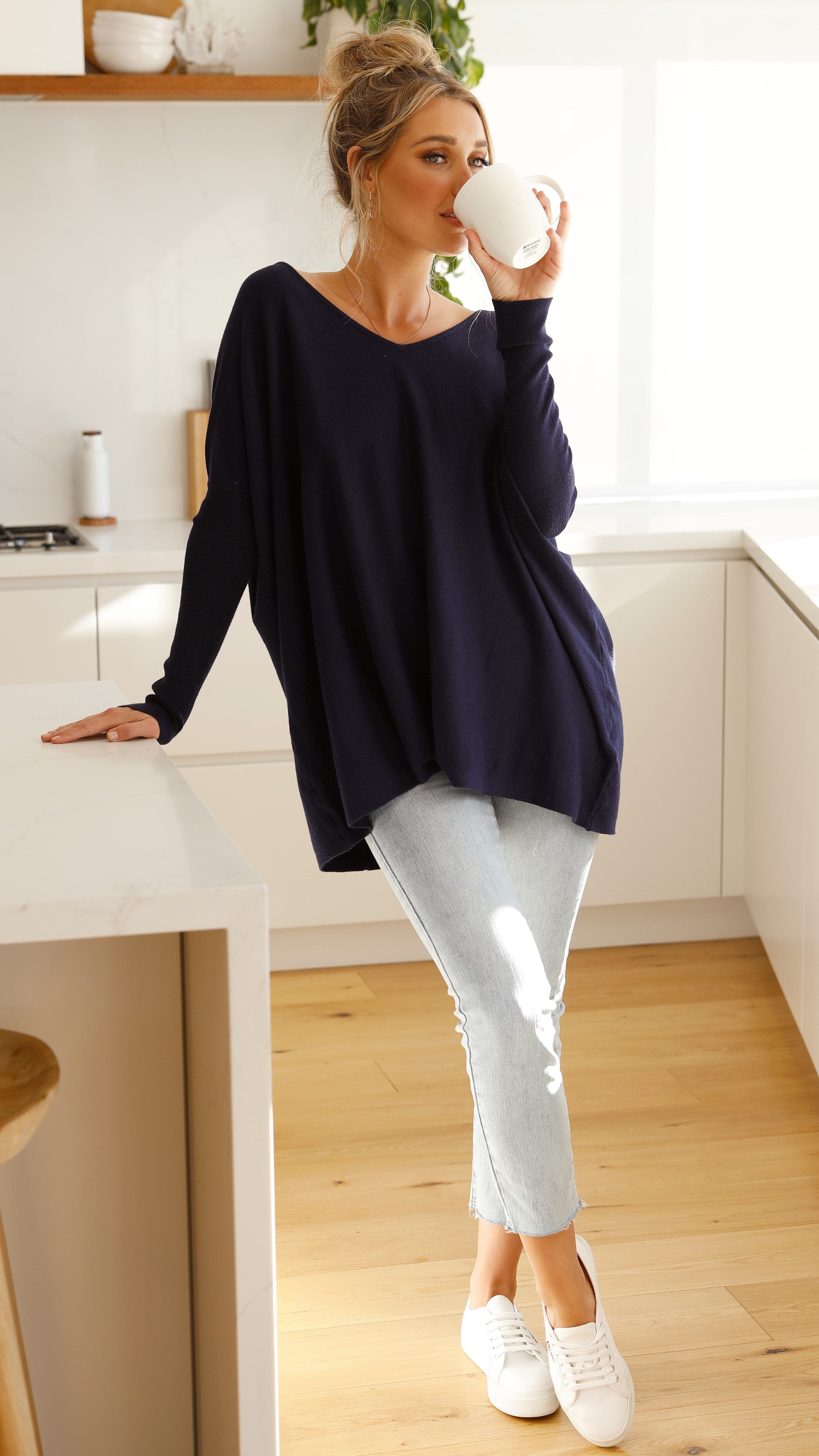 Amalia Knit Top for Women - Soft & Comfortable Navy Blue Crewneck T-Shirt - Perfect for Casual Wear, Layering & Everyday Outfits