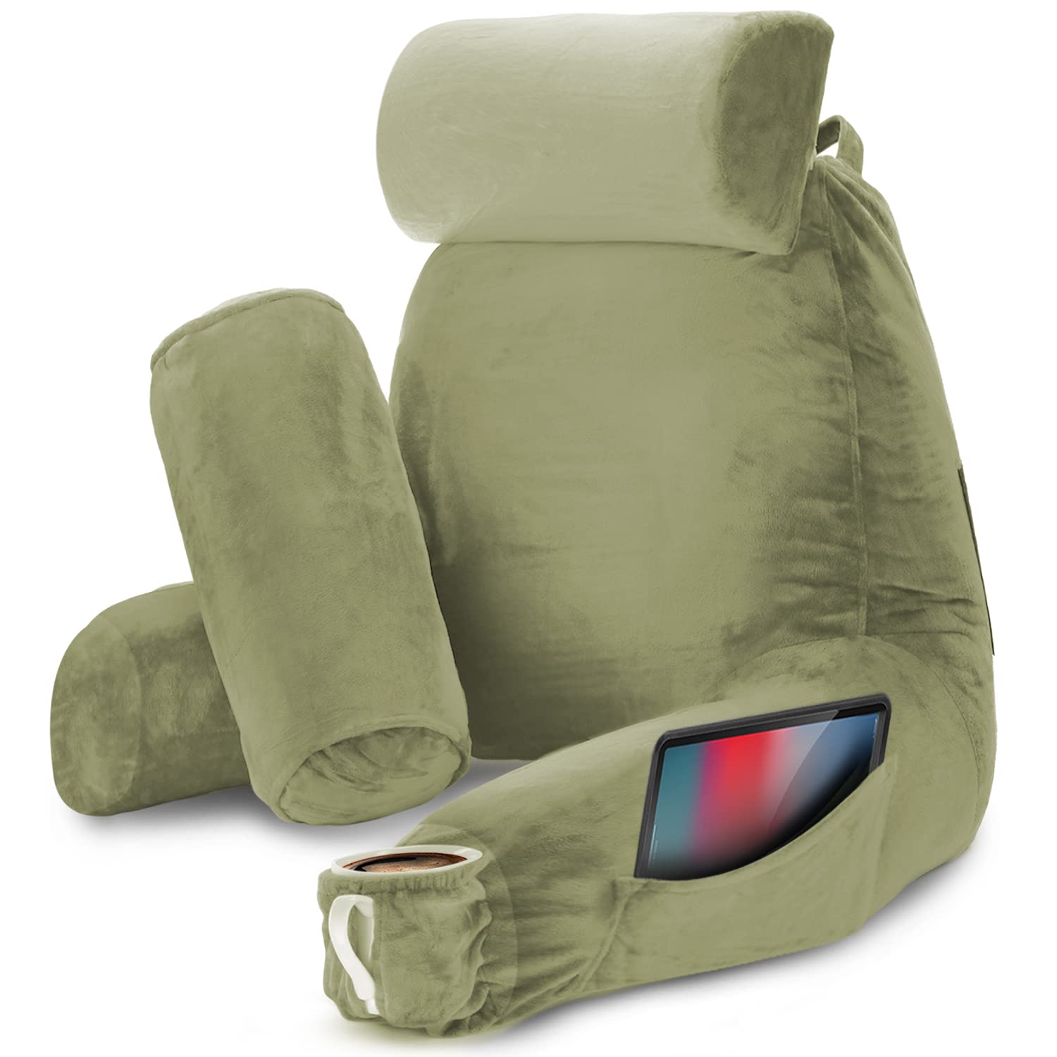 Nestl Reading Pillow with Shredded Memory Foam - Large Back Support Pillow for Sitting in Bed, Armchair or Sofa - Sage Green Bed Rest Pillow with Pockets - Perfect for Reading, Watching TV, or Relaxing in Bed