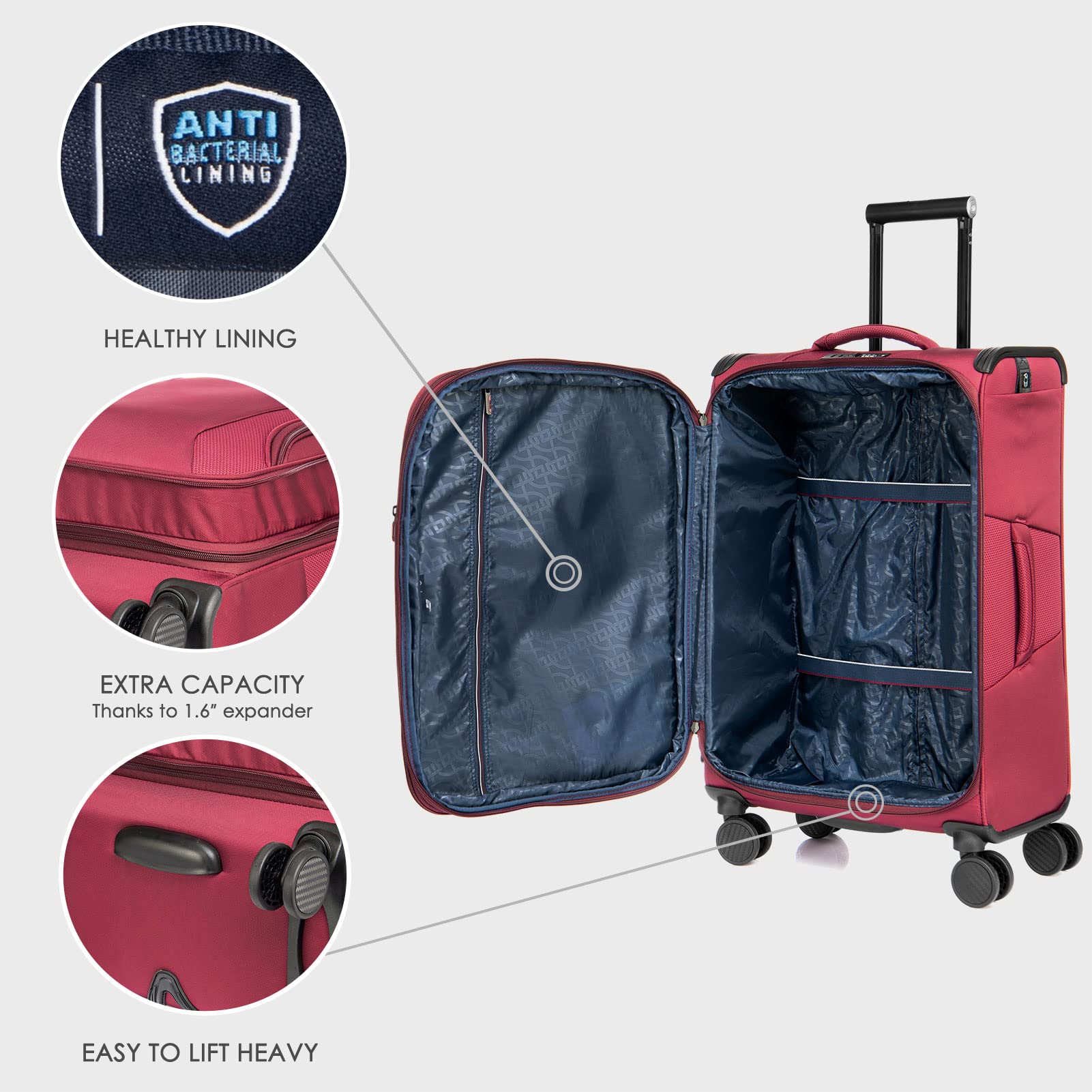 Vergae Toledo 20-Inch Expandable Softside Carry On Luggage with 360° Spinner Wheels - Burgundy Suitcase for Air Travel, Business Trips & Weekend Getaways