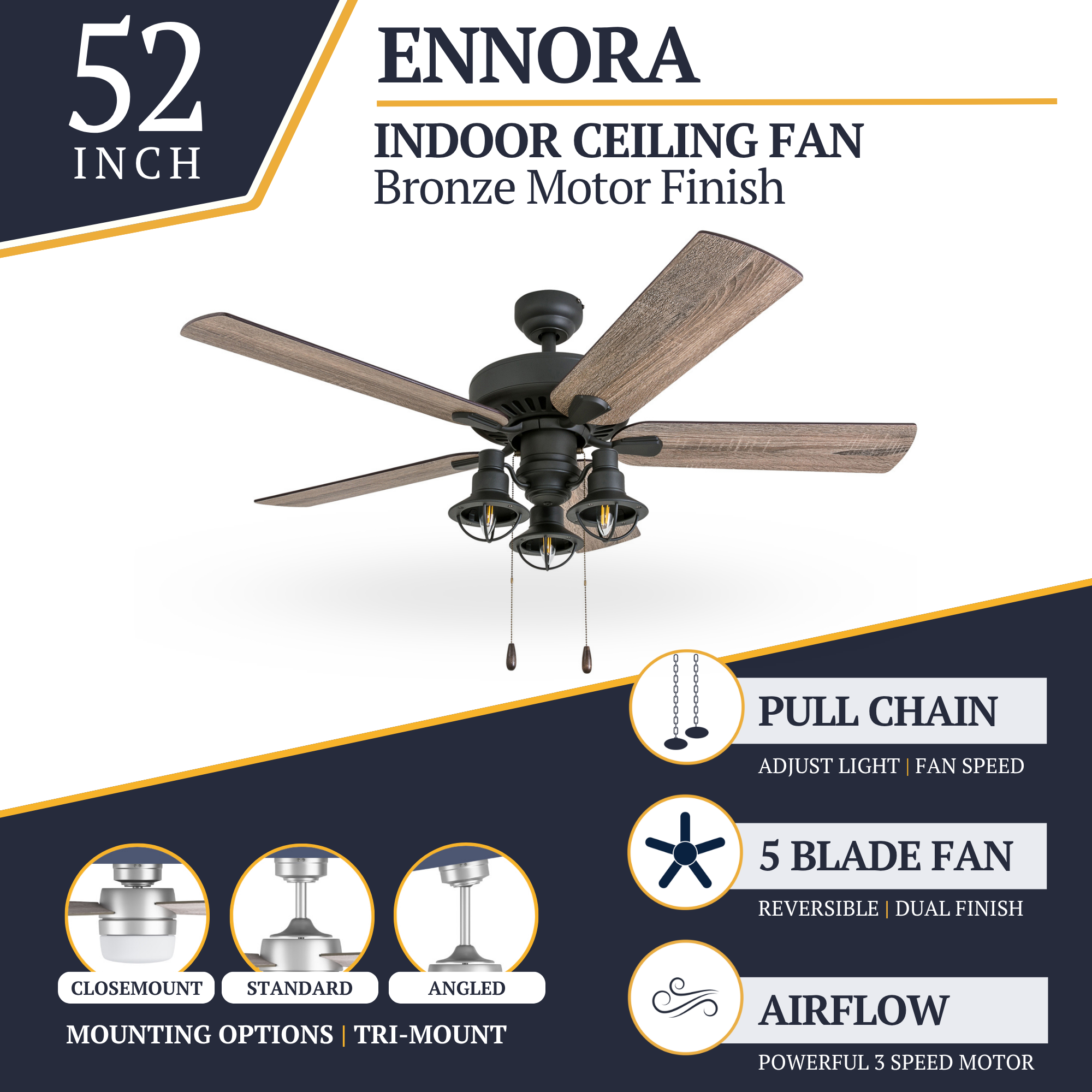 52 Inch Ennora Bronze Ceiling Fan with Pull Chain - Modern Indoor/Outdoor Cooling for Living Room, Bedroom, or Patio