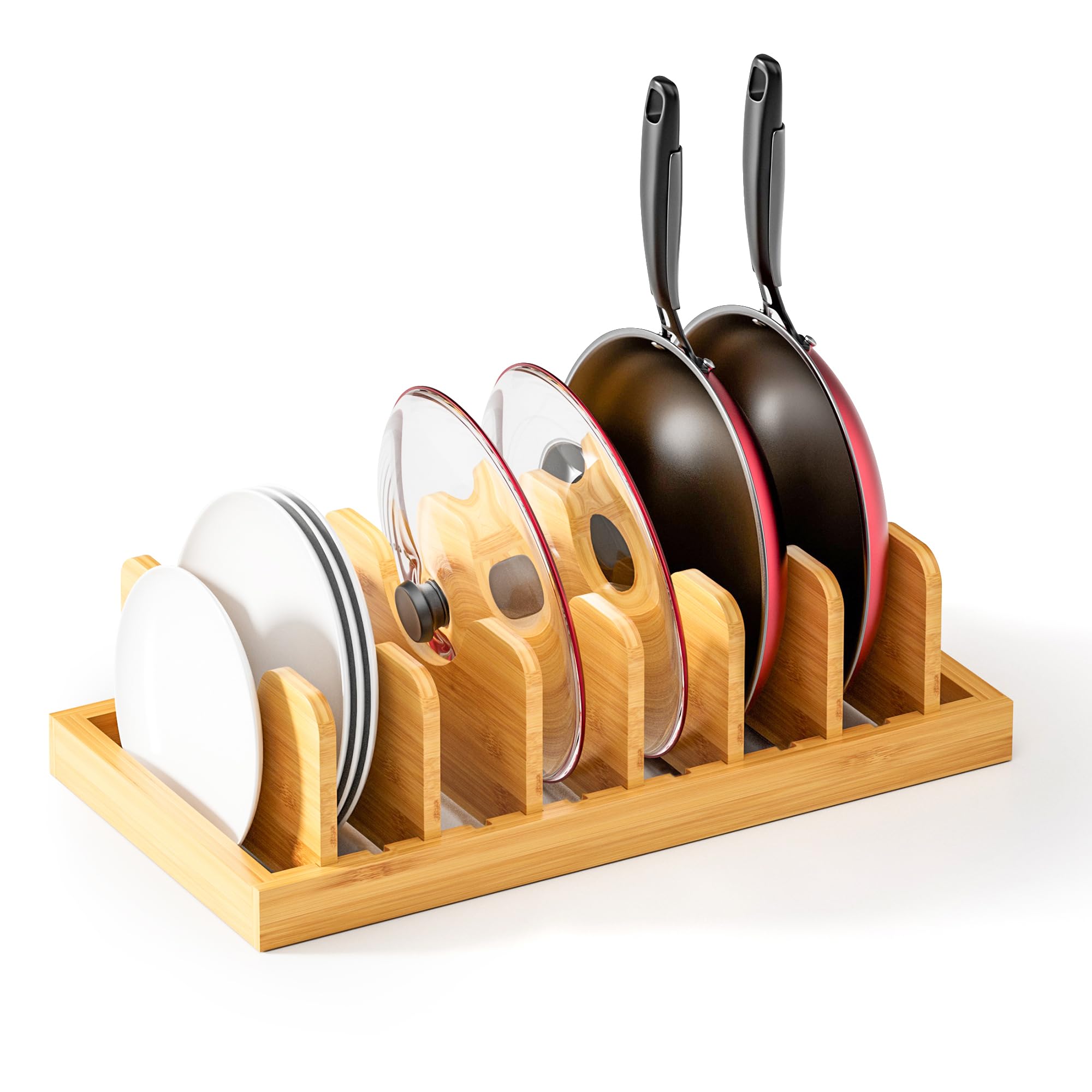 Bamboo Pot Lid Organizer & Drawer Storage - Kitchen Cabinet Organizer for Lids, Pans, Cutting Boards, Baking Sheets & Plates - Perfect for Small Space Kitchen Organization & Decluttering