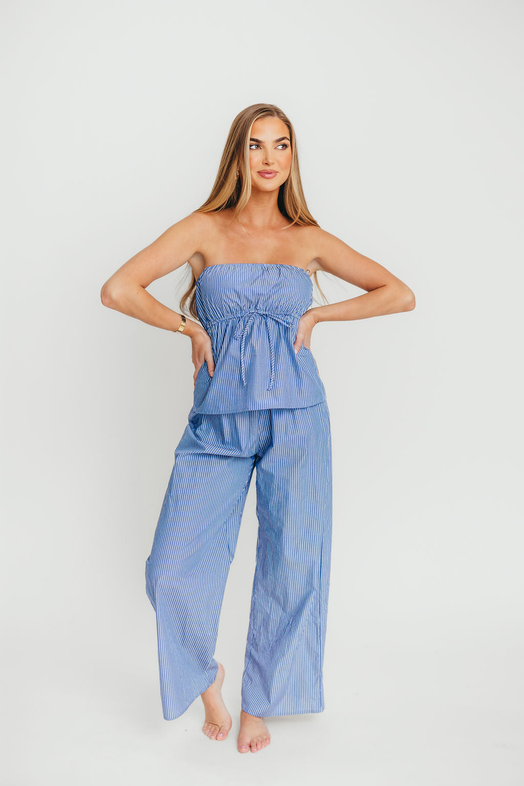 Women's 100% Cotton Tube Top and Pants Set - Blue Striped Casual Outfit for Summer, Beach, Yoga & Lounge Wear