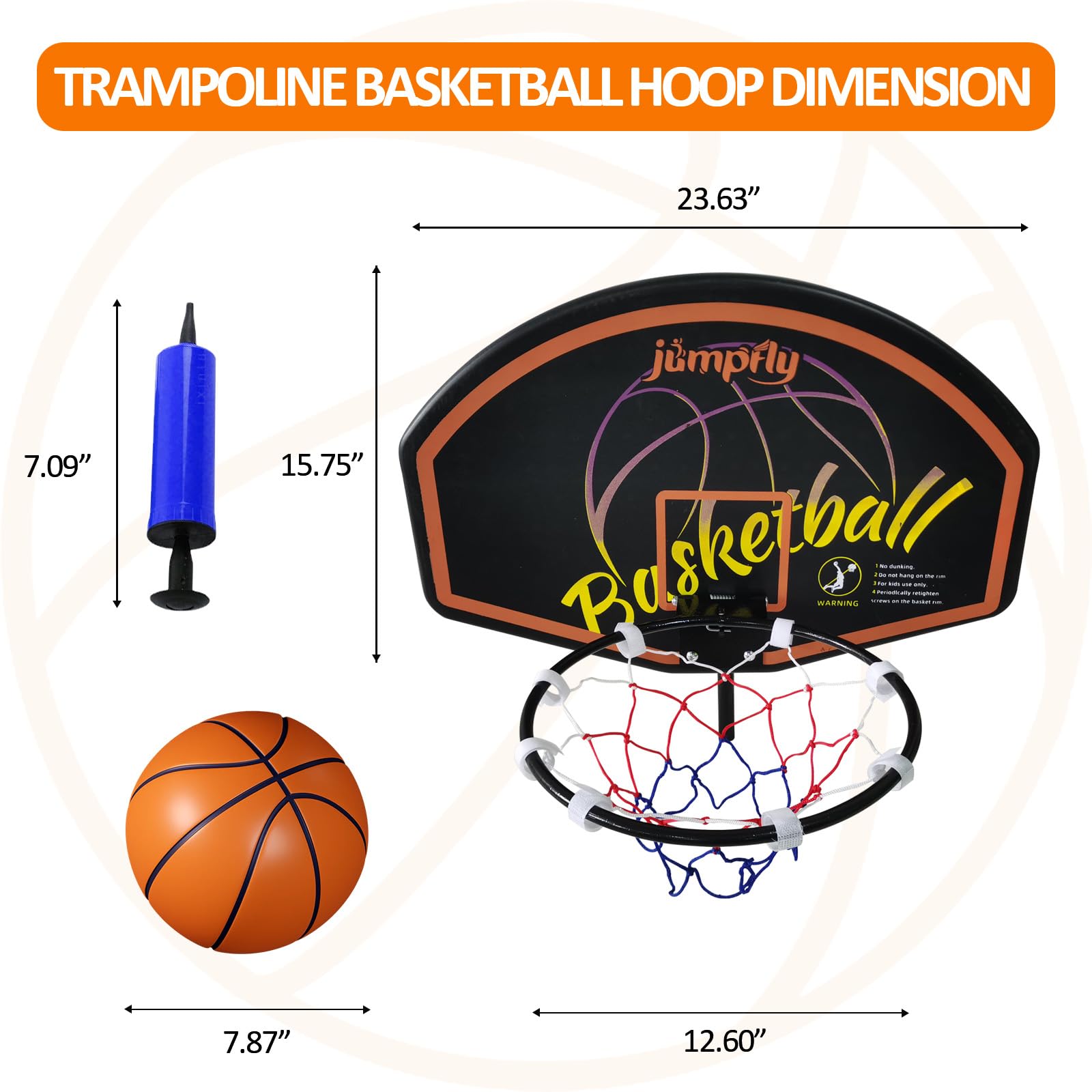 Jumpfly Trampoline Basketball Hoop Set - Universal Easy Install Basketball Hoop Attachment for Straight & Curved Trampoline Poles - Includes Mini Balls & Air Pump - Perfect for Backyard Fun, Kids Outdoor Games & Trampoline Exercise Accessories