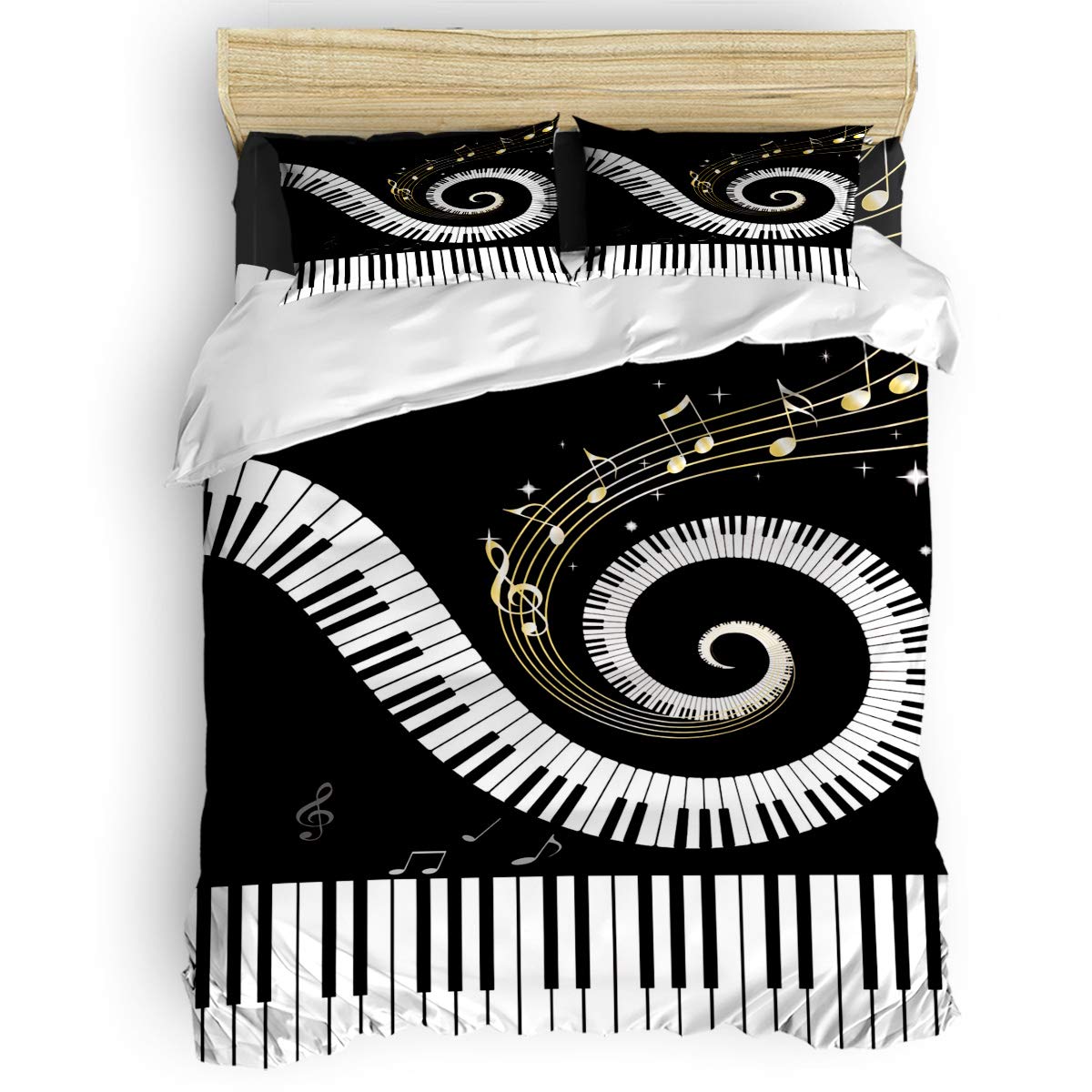 4-Piece Cute Black & White Piano Note Duvet Cover Set - Soft Bedding for Kids, Boys, Girls & Adults - Includes 1 Duvet Cover, 1 Fitted Sheet & 2 Pillowcases (Full Size) - Perfect for Nursery, Bedroom Decor & Music Lover Gifts