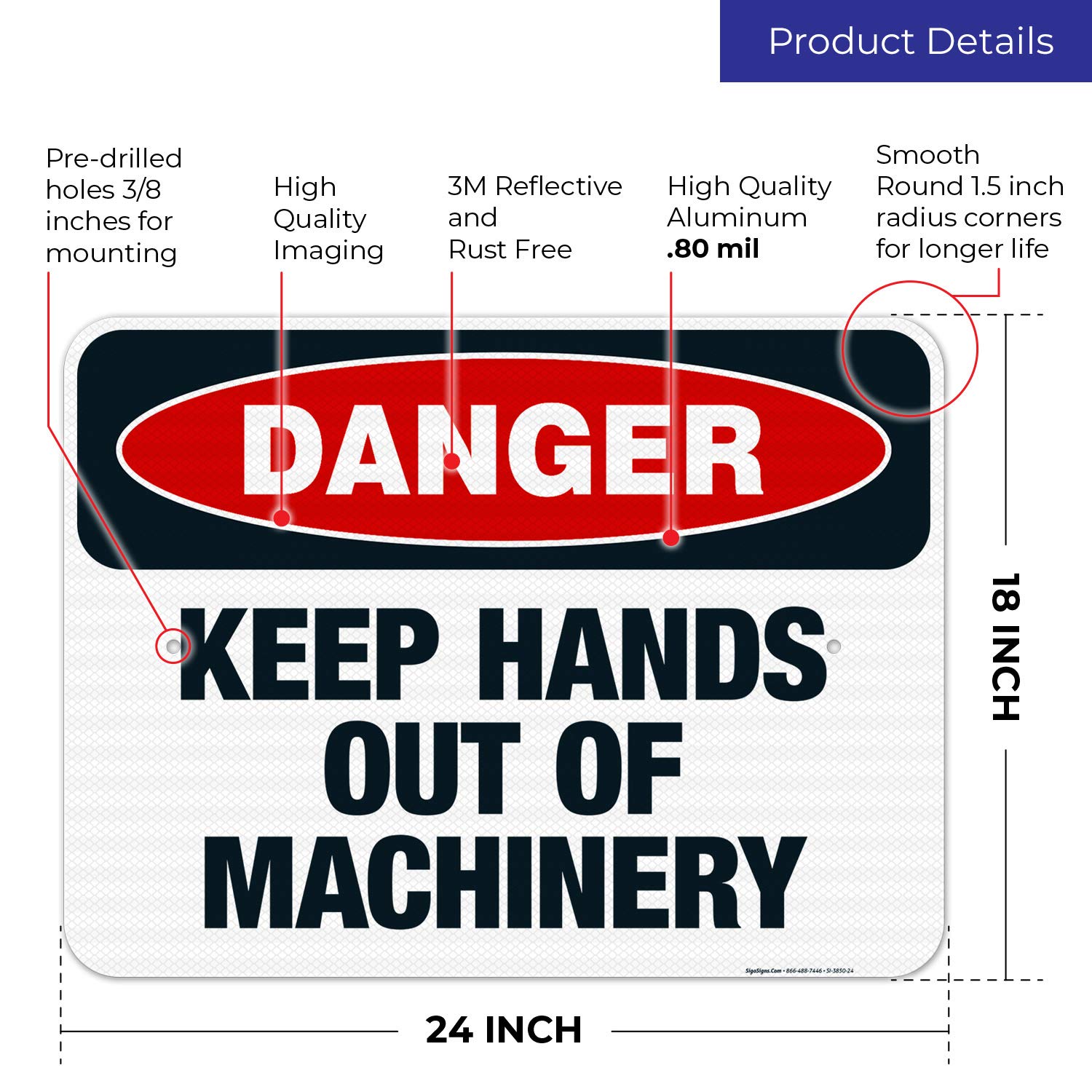 Danger Keep Hands Out of Machinery Sign - OSHA Compliant 18x24 Inches, 3M EGP Reflective .080 Aluminum, Fade Resistant for Indoor/Outdoor Use - Made in USA | Perfect for Factories, Warehouses & Construction Sites