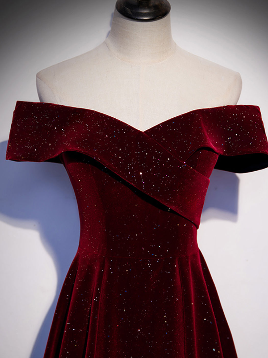 Elegant A-Line Off Shoulder Velvet Burgundy Long Prom Dress - Formal Evening Gown for Homecoming, Ball, and Special Occasions
