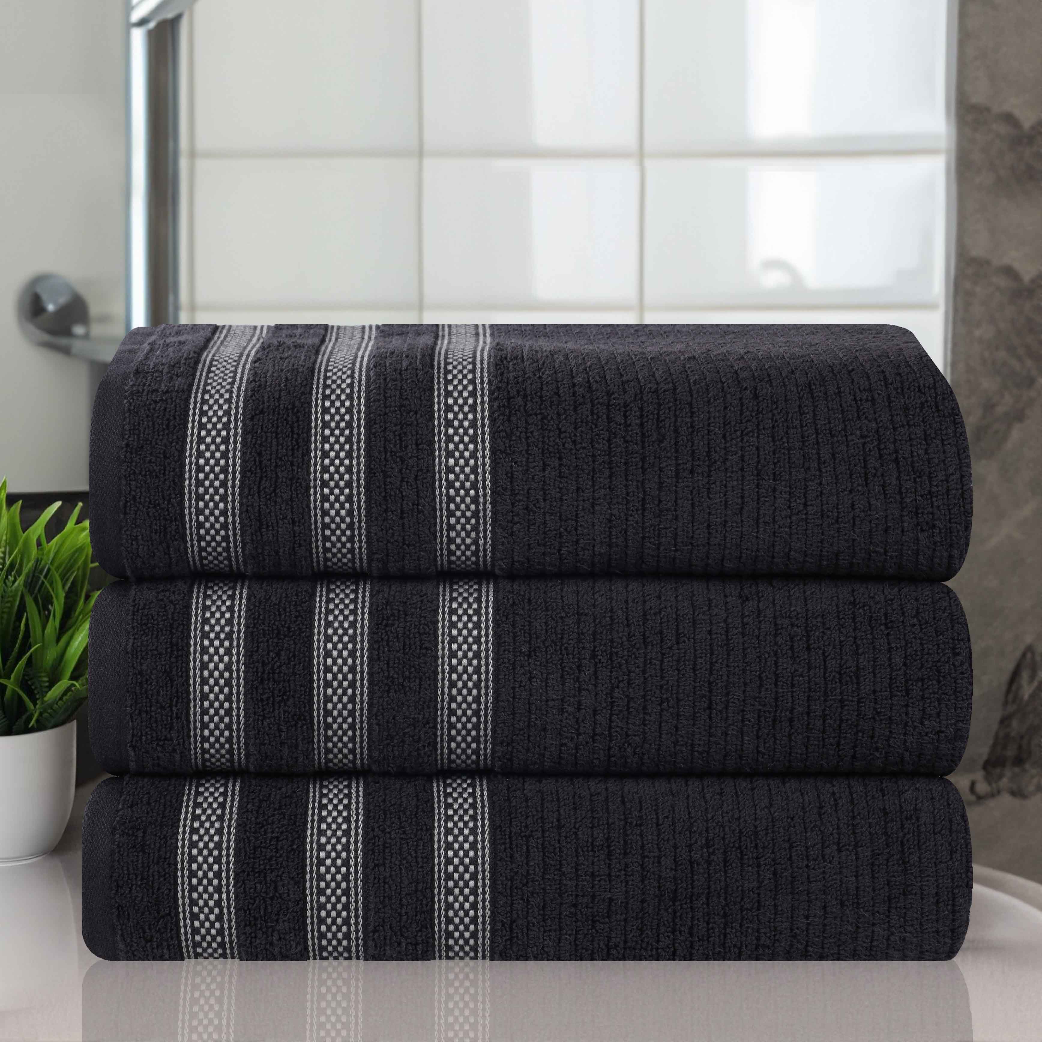 Premium Zero Twist Cotton Ribbed Geometric Border Plush Bath Towel Set of 3 - Ultra Soft & Absorbent for Spa, Bathroom & Beach Use