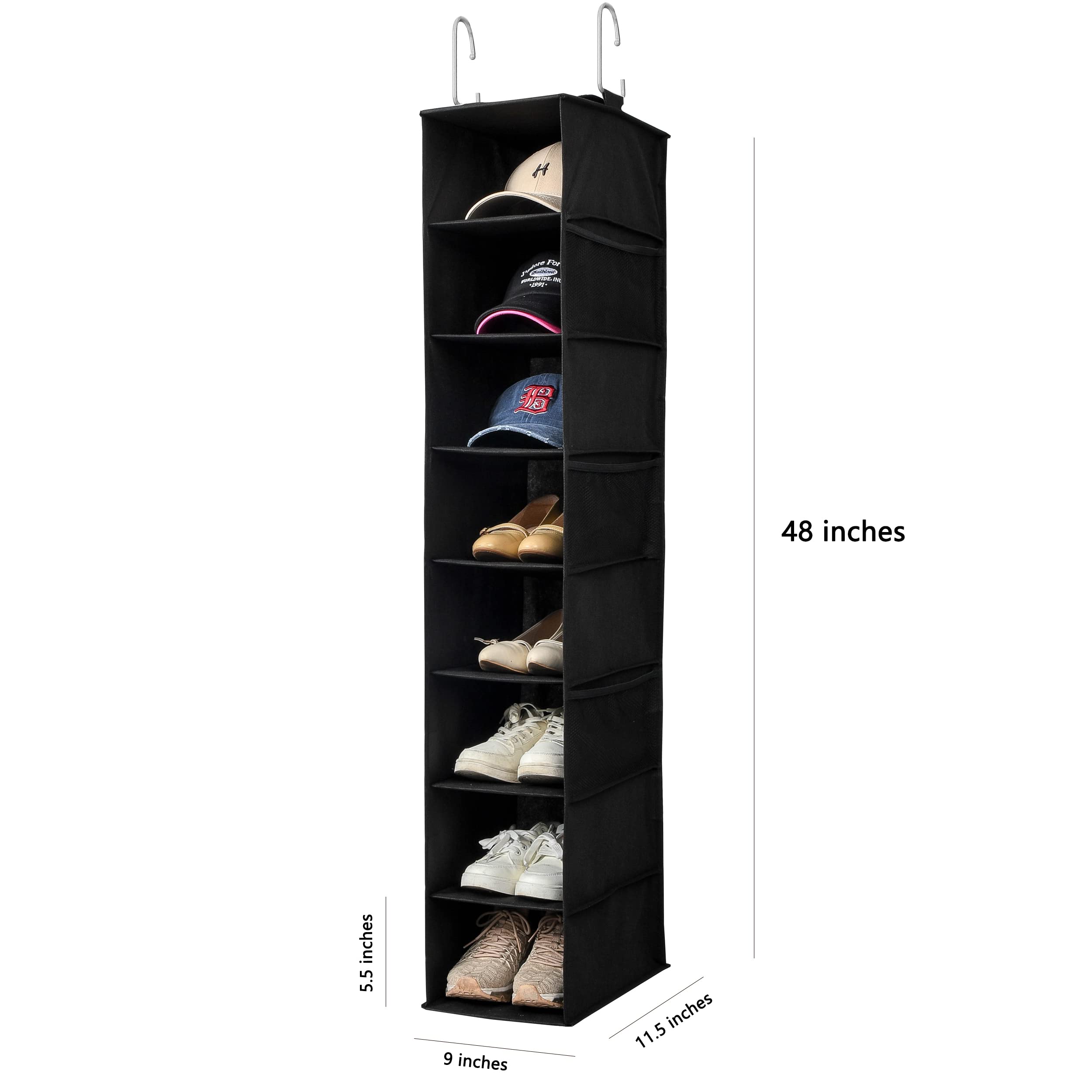Hanging Shoe Organizer for Closet with Side Mesh Pockets - 8-Shelf Shoe & Hat Storage Holder for Baseball Caps - Space Saving Closet Organizer (Black, 2 Pack) - Perfect for Bedroom, Dorm, Entryway & Small Space Organization