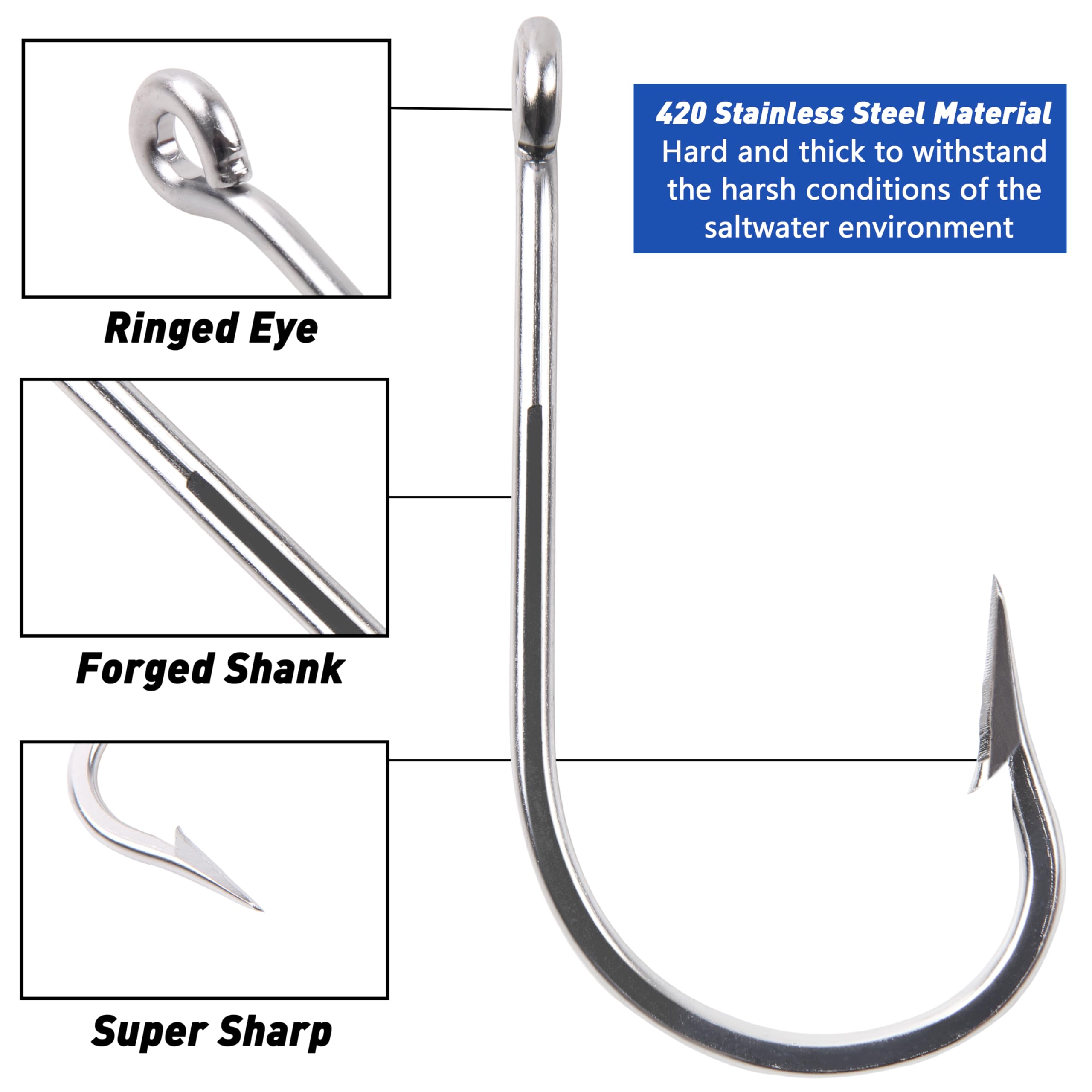 Extra Strong Stainless Steel Saltwater Giant Shark & Alligator Hooks - Big Game Fishing Hooks for Tuna, Catfish - Sharp & Durable for Deep Sea & Freshwater Fishing