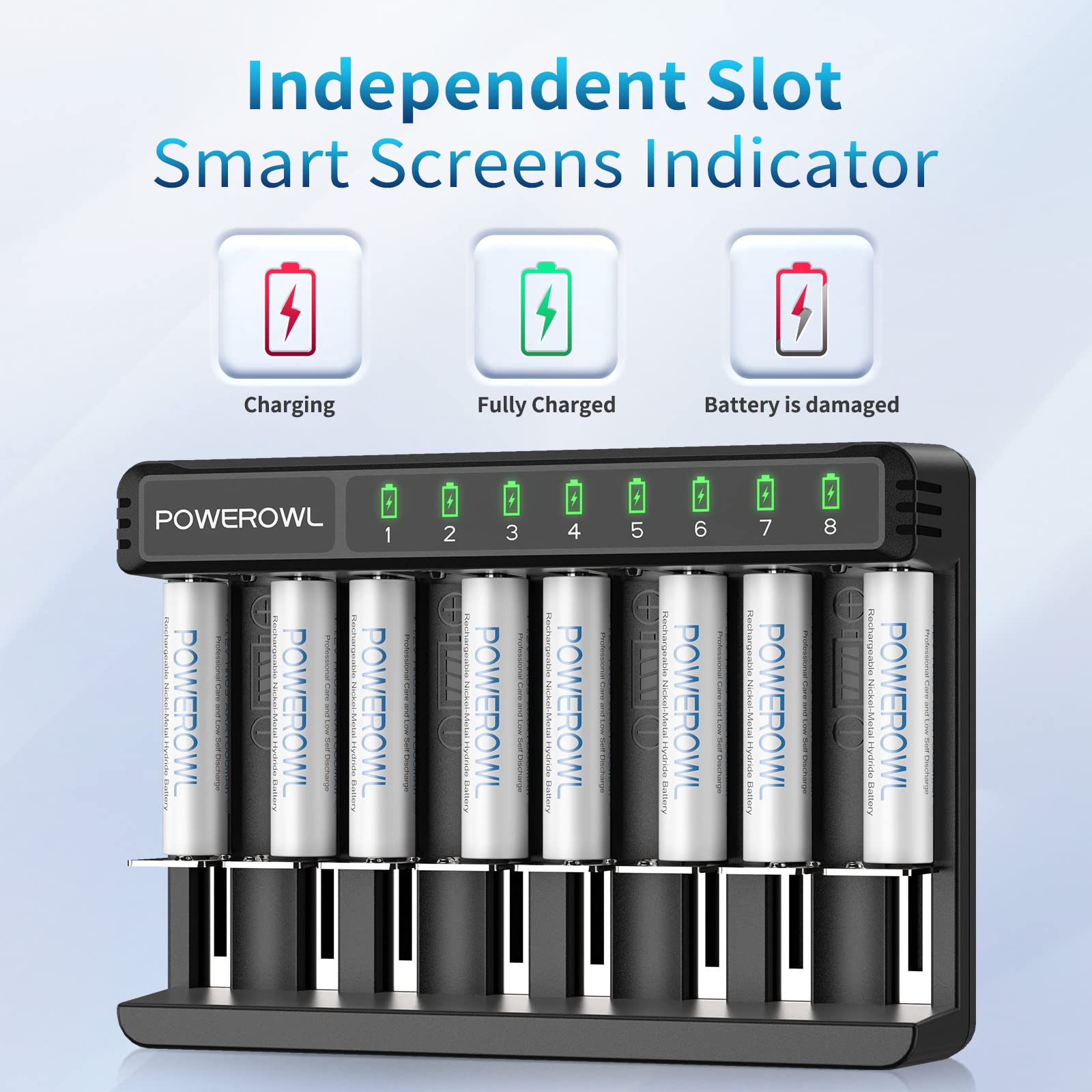 POWEROWL Battery Charger with 8 AAA Rechargeable Batteries - Fast Charging for AA AAA C D NiMH NiCd Batteries - Perfect for Cameras, Toys, Flashlights & Electronics