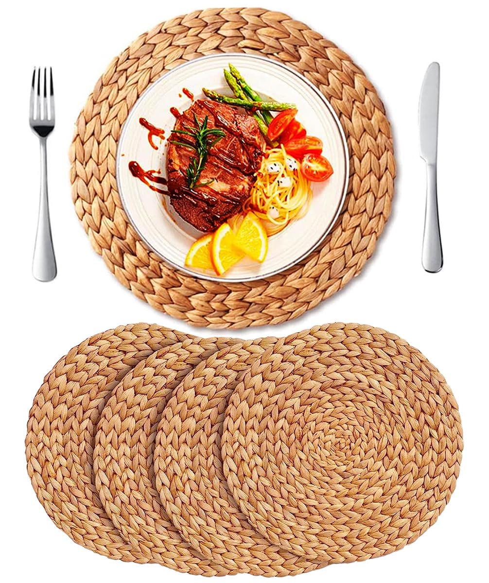 Boho Woven Placemats Set of 4 - 13.8 Inch Round Water Hyacinth Wicker Table Mats for Dining, Straw Braided Plate Chargers - Perfect for Boho Chic, Farmhouse & Coastal Decor, Dinner Parties & Everyday Use