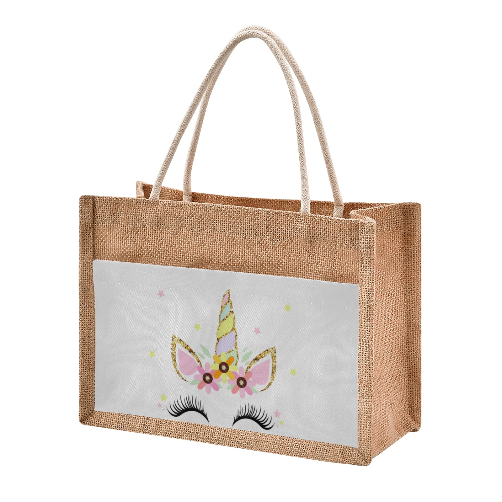 CaTaKu Unicorn Birthday Party Tote Bags - 12x9 Inch Reusable Jute Bags with Zipper & Canvas Pocket - Eco-Friendly Grocery Shopping Bags for Travel, Picnic, Beach & Gift Giving