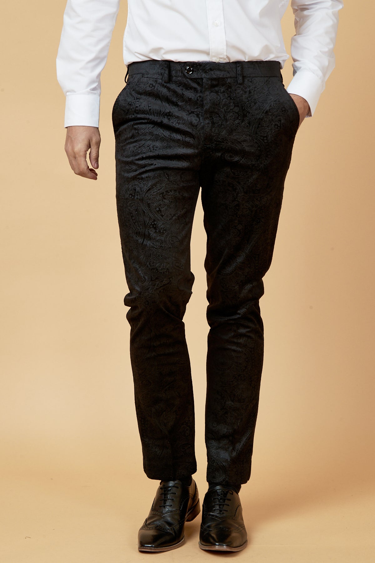 SIMON Black Velvet Jacquard Trousers for Women - Elegant High Waist Dress Pants for Party, Evening & Special Occasions