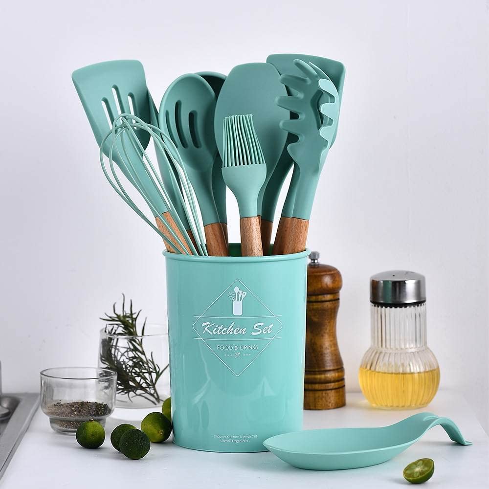 Premium Custom Silicone Kitchen Utensil Set - 12-Piece Non-Slip Cooking Tools (Light Turquoise) for Baking, Stirring & Serving - Dishwasher Safe & Heat Resistant