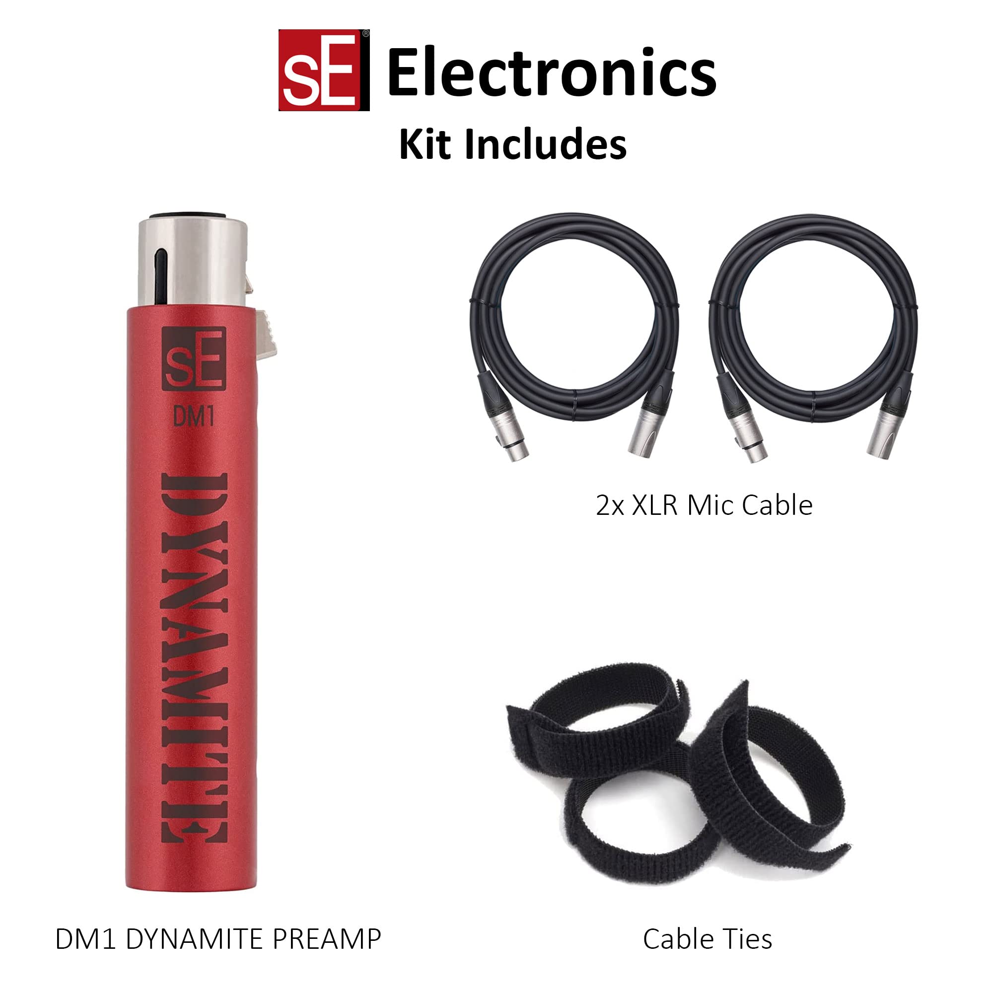 sE Electronics DM1 Dynamite Active In-line Microphone Preamp - 28dB Gain with 2x 20ft XLR Cables & 7-Pack Cable Ties | Professional Studio Recording, Podcasting & Live Sound Enhancement
