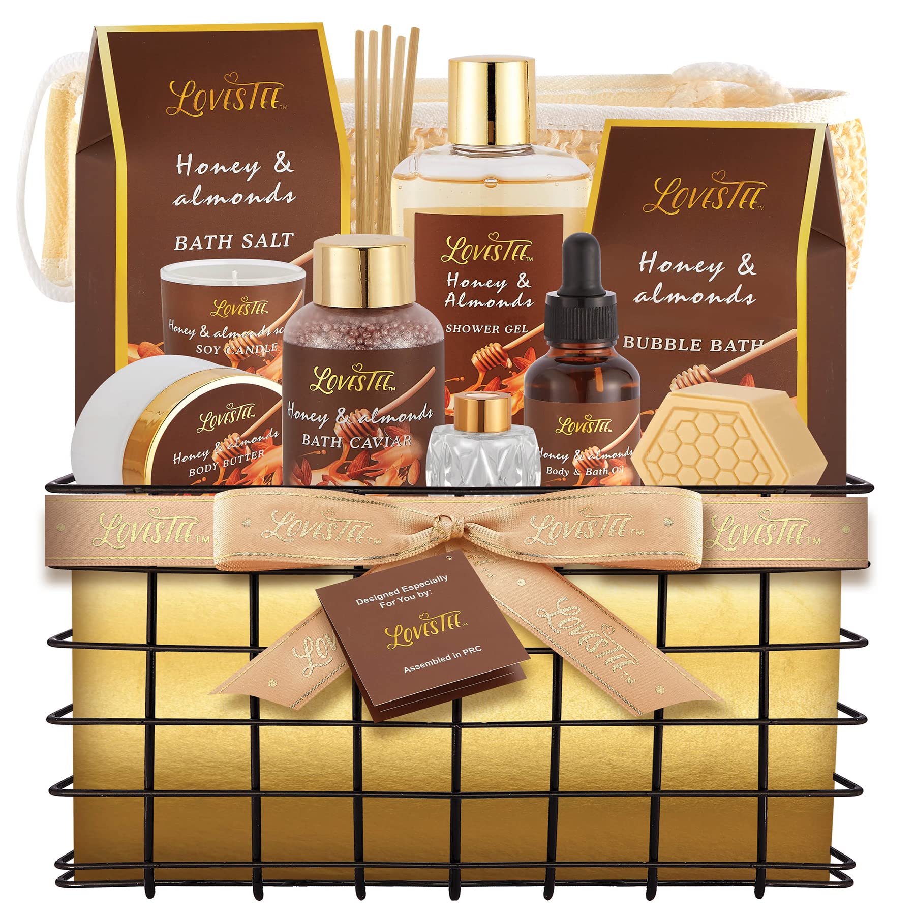 Luxury Honey Almond Spa Gift Basket for Women - Bath & Body Set with Shower Gel, Bubble Bath, Body Butter, Bath Salt, Oil, Candle, Soap & Diffuser - Perfect Mother's Day, Birthday & Relaxation Gifts for Home Spa Experience