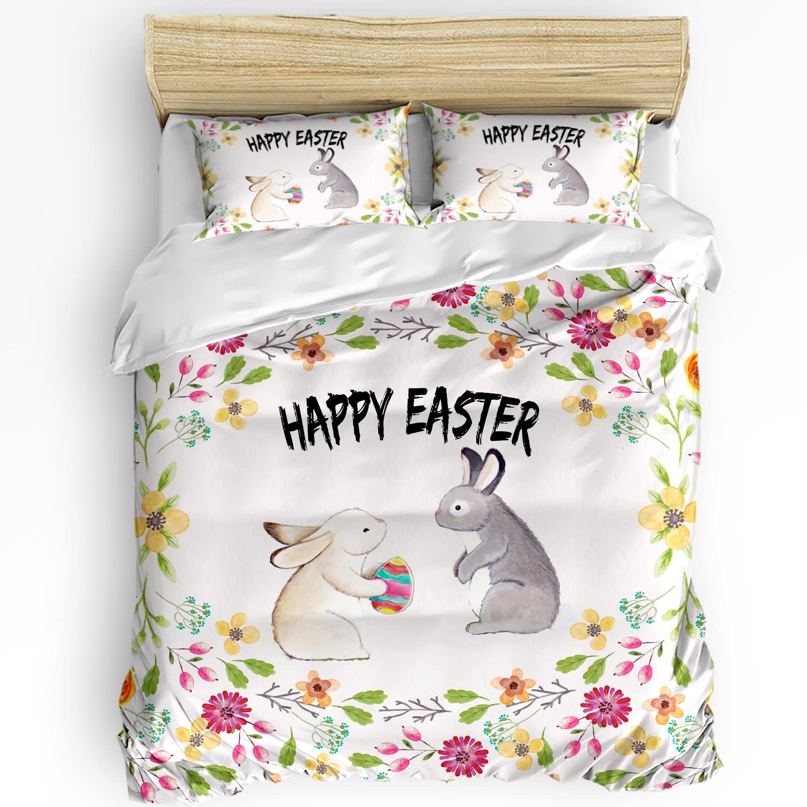 HELLOWINK 3-Piece King Size Duvet Cover Set - Happy Easter Bunny & Spring Floral Design with 2 Pillow Shams | Lightweight Soft Comforter Cover for Bedroom Decor | Perfect for Spring Season, Easter Gifts & Cozy Home Styling