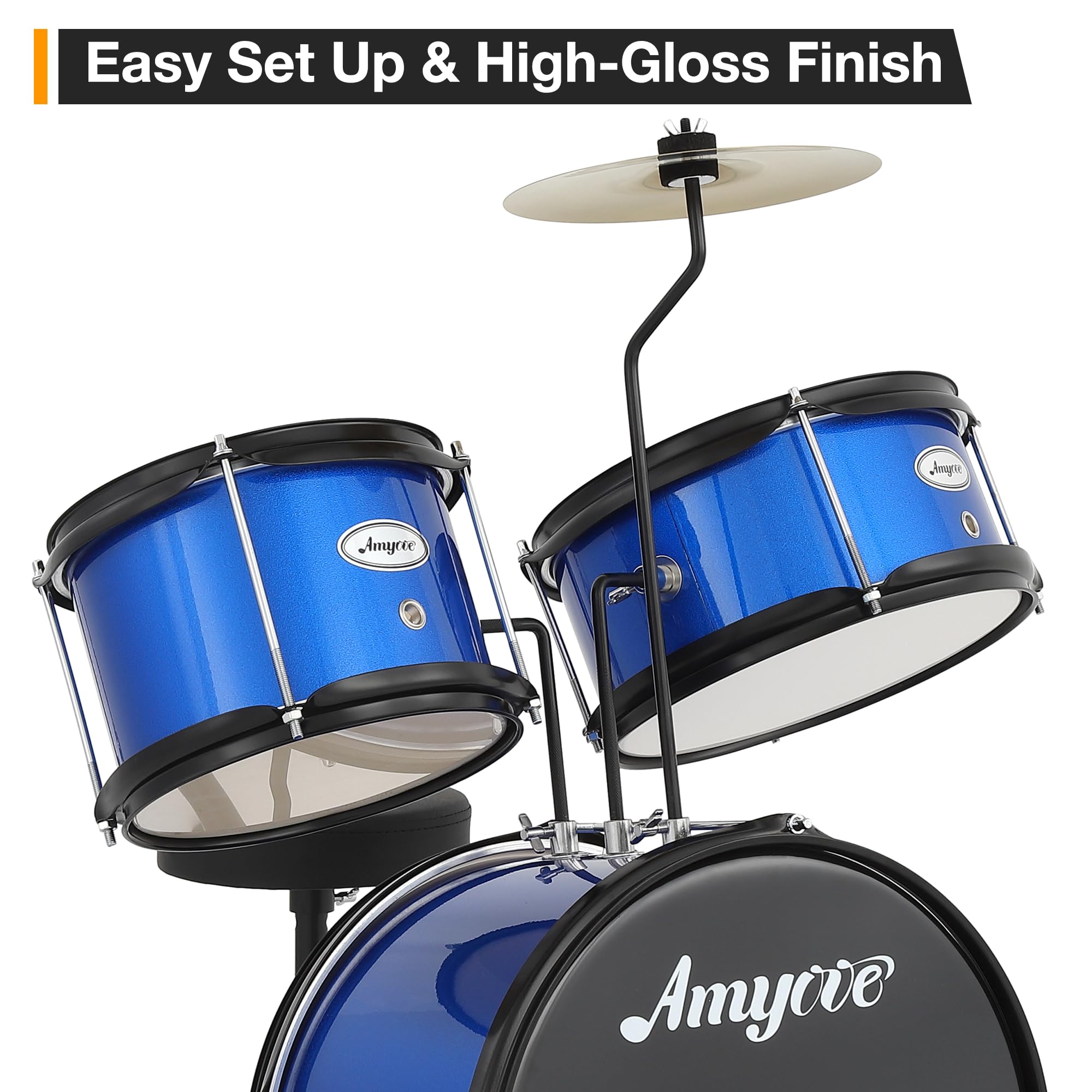 **3-Piece Kids Drum Set for Beginners - Blue Junior Drum Kit with Cymbal, Tom, Bass Drum, Drumsticks & Pedal - Includes Adjustable Drum Stool - Perfect for Boys & Girls Learning Music at Home or School**
