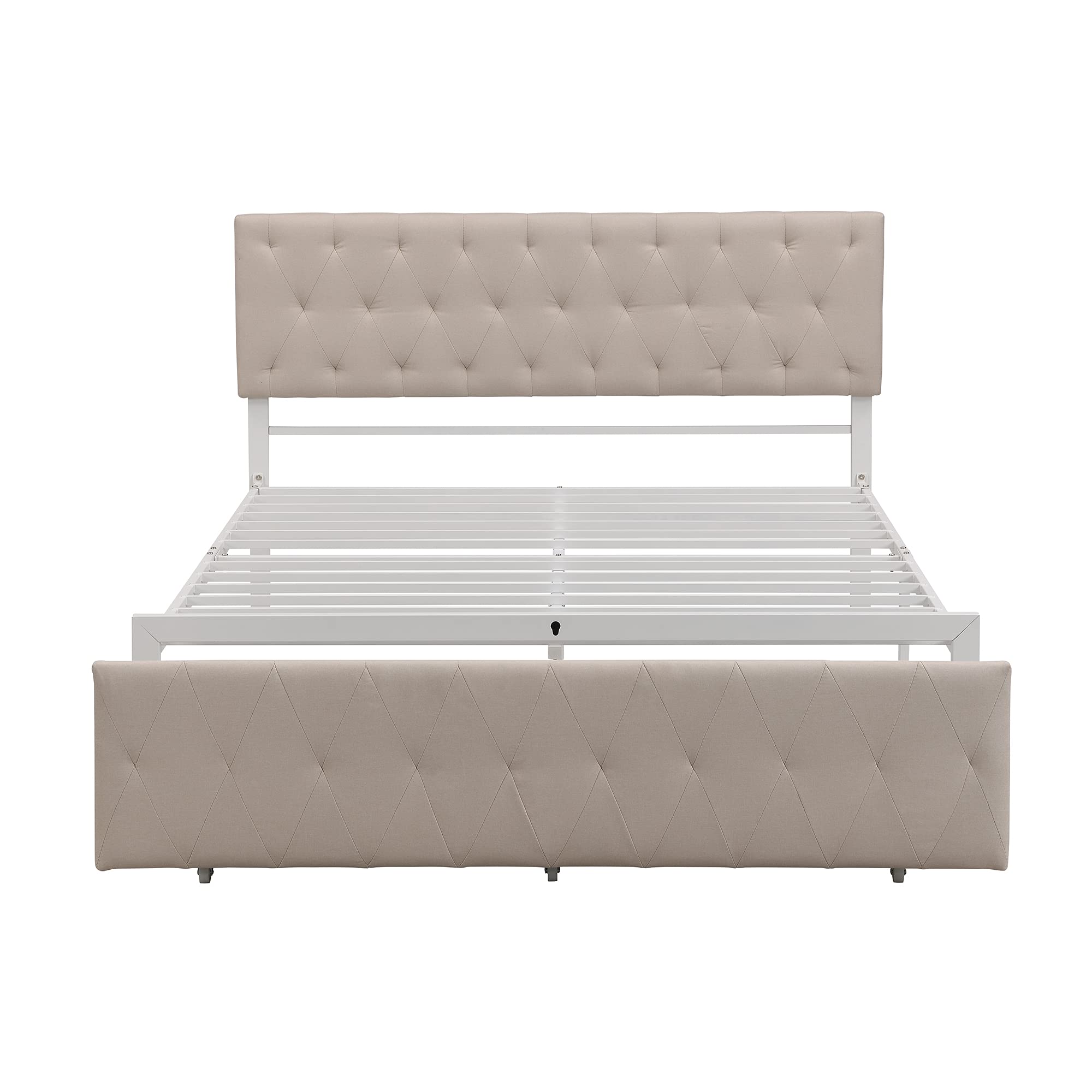 Queen Size Upholstered Platform Bed with Storage Drawer - Sturdy Metal Frame & Slat Support System, No Box Spring Needed, Beige - Perfect for Small Bedrooms, Guest Rooms & Modern Apartments