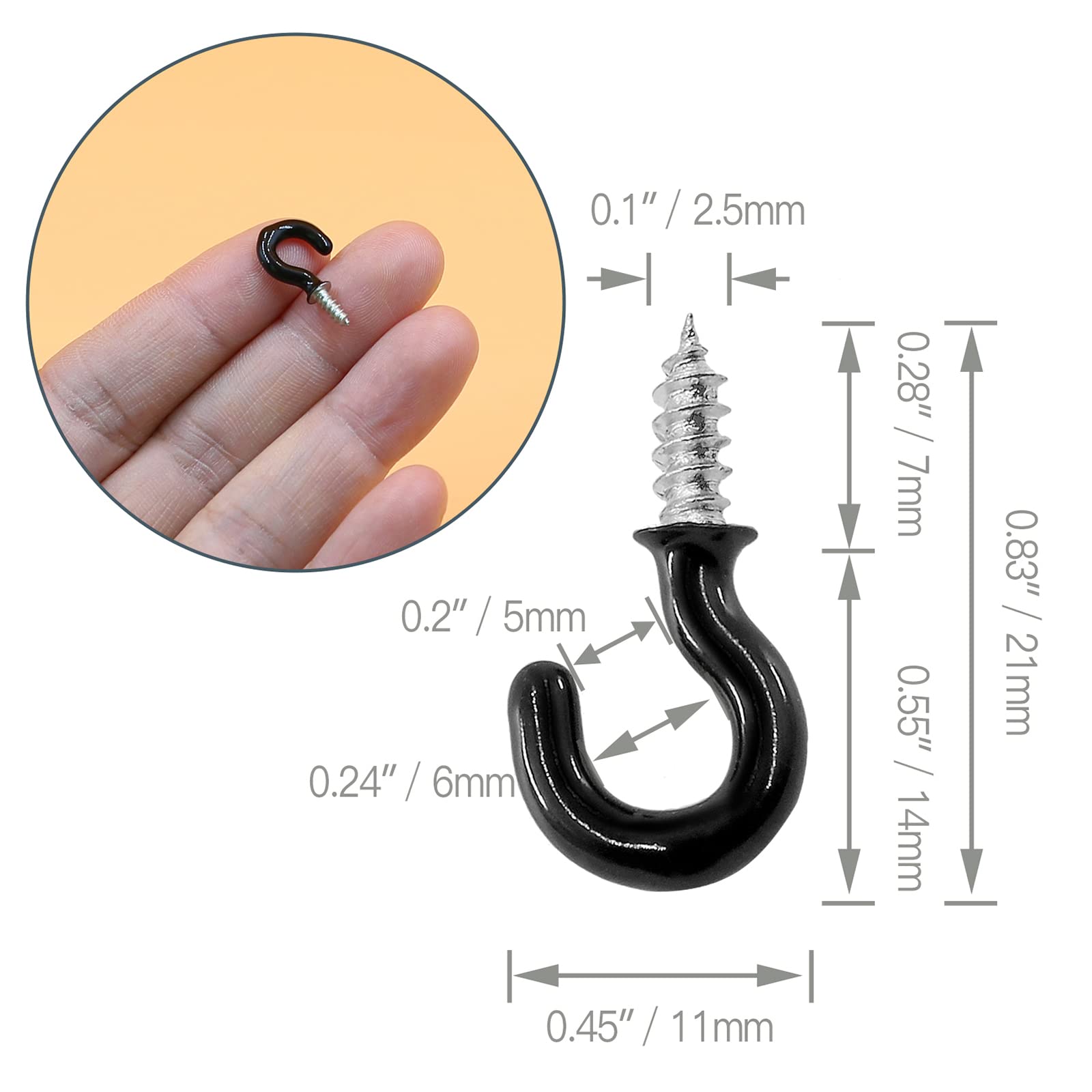 100Pcs Black Cup Hooks - 1/2 Inch Heavy Duty Metal Screw Hooks with Vinyl Coating for Hanging Plants, Lights & Decor - Indoor/Outdoor Use