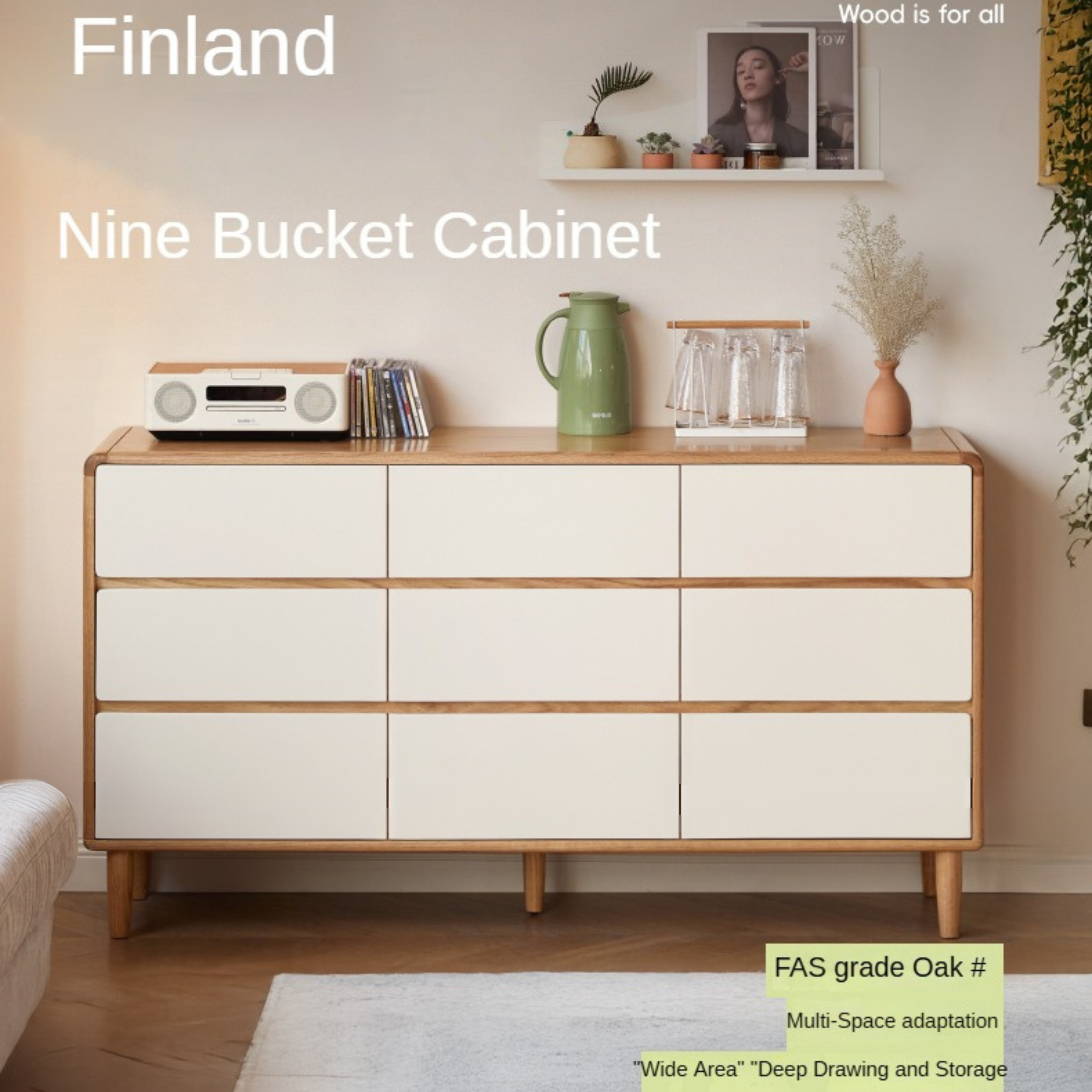 Oak Solid Wood Modern Nine Drawer Cabinet - Stylish Storage Solution for Bedroom, Living Room & Office Organization