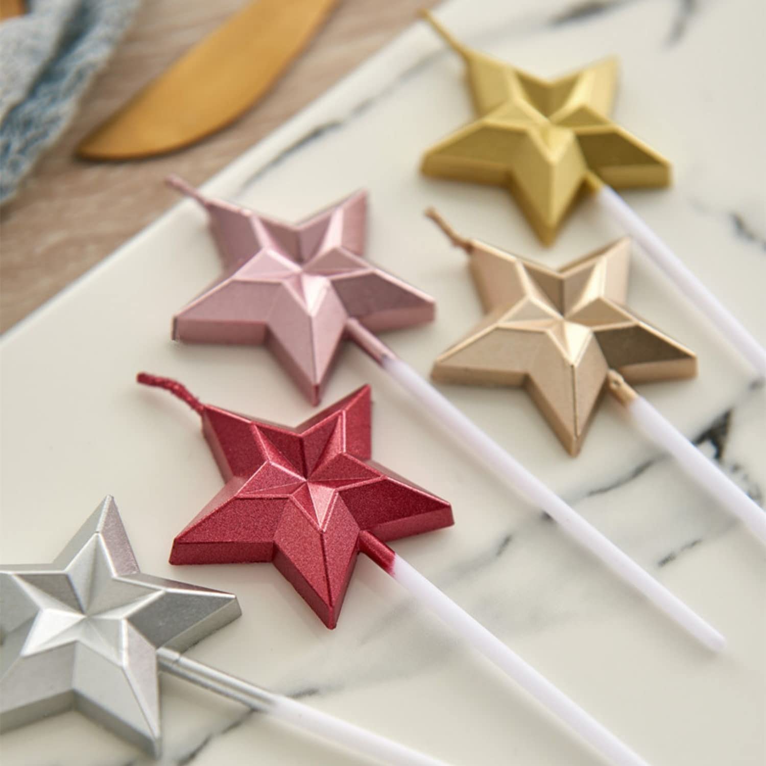 5pcs Pink Star Shaped Birthday Candles for Cake - Metallic Sparkler Candles Set with 3D Stereo Design | Perfect for Birthday Parties, Wedding Cakes & Celebration Decorations