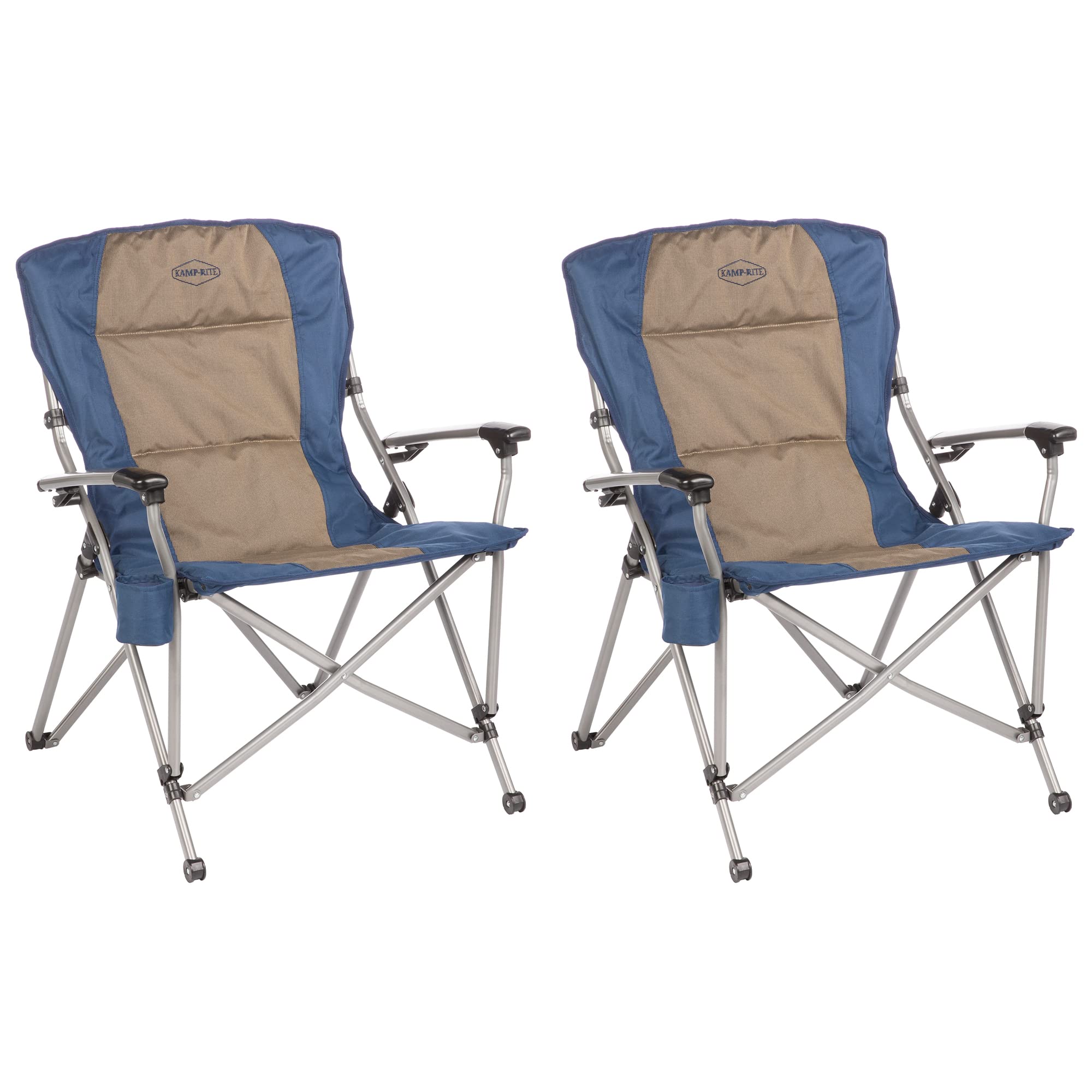 Kamp-Rite Double Layer Padded Folding Camping Chair with Cup Holder - Supportive Hard Arm Outdoor Lounge Chair for Patio, Beach & Backyard (Blue & Tan, 2 Pack) - Perfect for Camping Trips, Picnics and Outdoor Relaxation