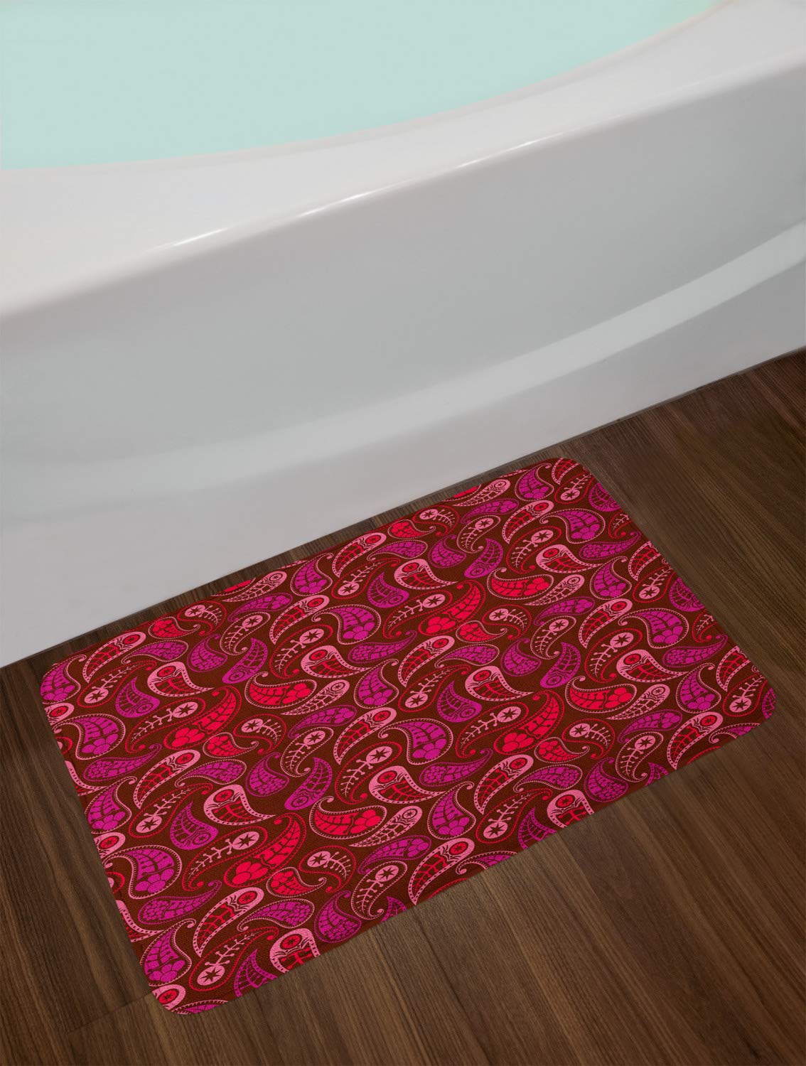 Ambesonne Non-Slip Paisley Bath Mat - Dark Maroon & Pastel Pink with Rhythmic Drop Motifs, 30.2