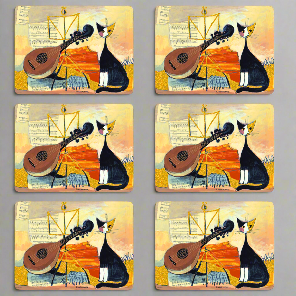 Pimpernel Musical Cat & Lute Cork Backed Placemats Set of 6 - Heat & Stain Resistant Table Mats for Dining, Kitchen, and Party Decor