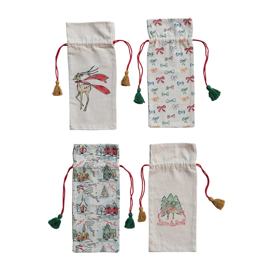 Cotton Chambray Holiday Print Wine Bottle Bag - Reusable & Eco-Friendly Gift Wrap for Christmas, Thanksgiving & Parties - Perfect for Gifting, Hostess Gifts & Wine Lovers