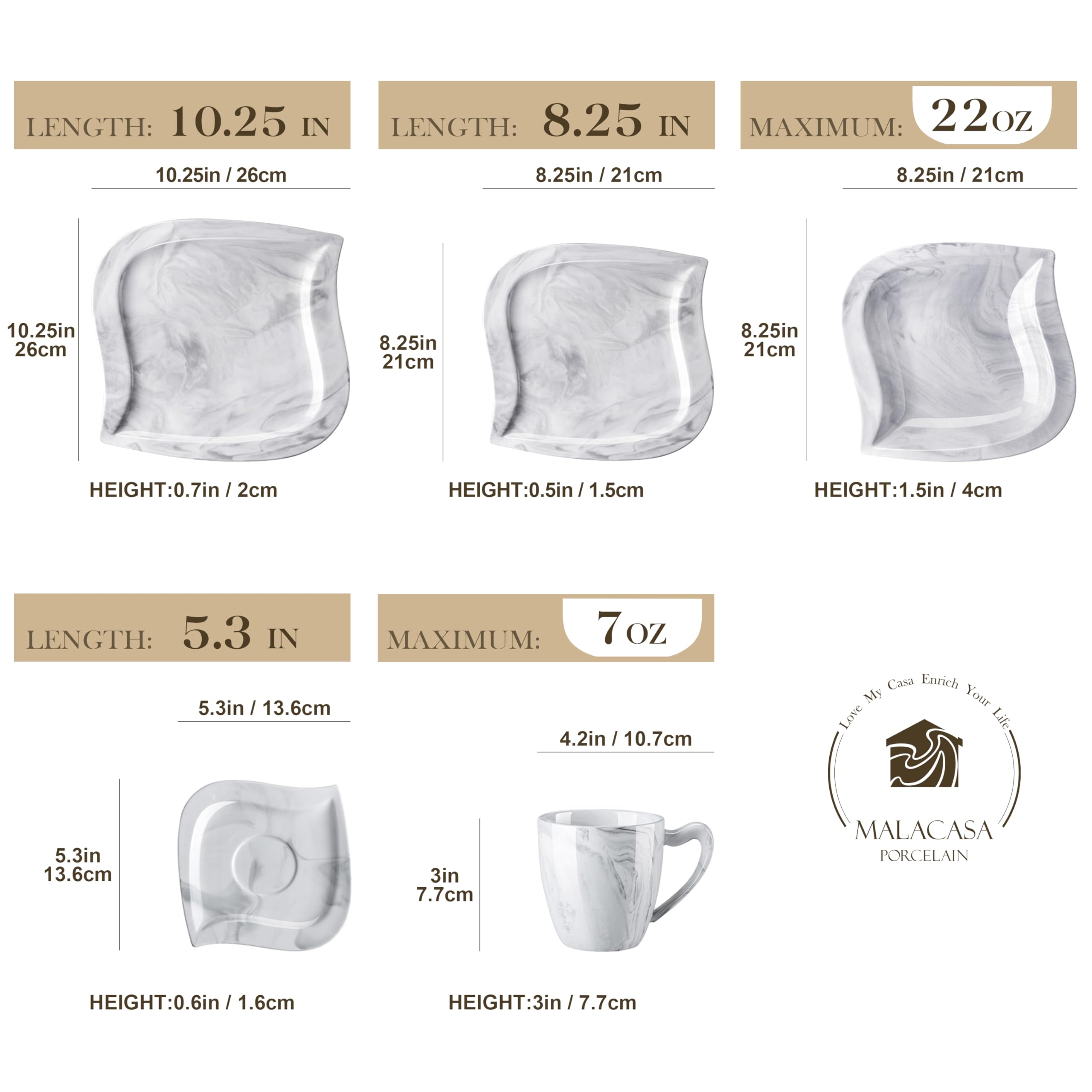 30-Piece MALACASA Porcelain Dinnerware Set for 6 - Modern Square Plates, Bowls, Cups & Saucers - Marble-Look Dish Set (Elvira Series) - Perfect for Family Dinners, Entertaining Guests & Restaurant-Style Dining