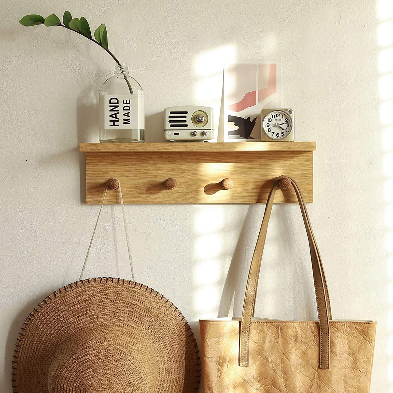 Oak Wall Mounted Coat Rack with Hooks & Shelves - Space Saving Entryway Organizer for Hats, Jackets & Keys | Perfect for Hallway, Mudroom or Bedroom Decor