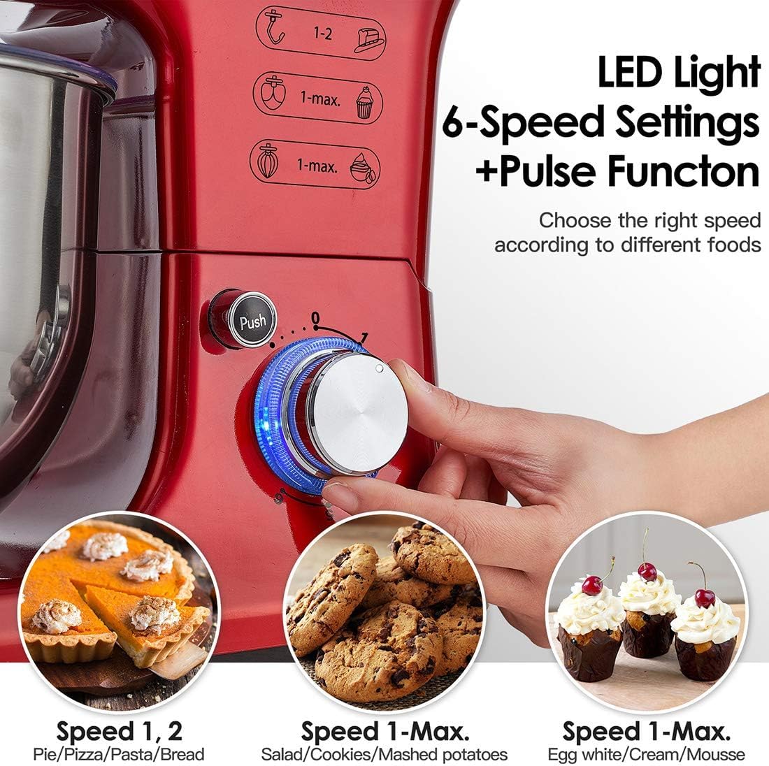 COKLAI 6-Speed Stand Mixer with Stainless Steel Bowl - Tilt-Head Electric Kitchen Mixer for Baking - Includes Wire Whisk, Dough Hook & Flat Beater - Perfect for Cakes, Cookies, Bread & Pastry Dough