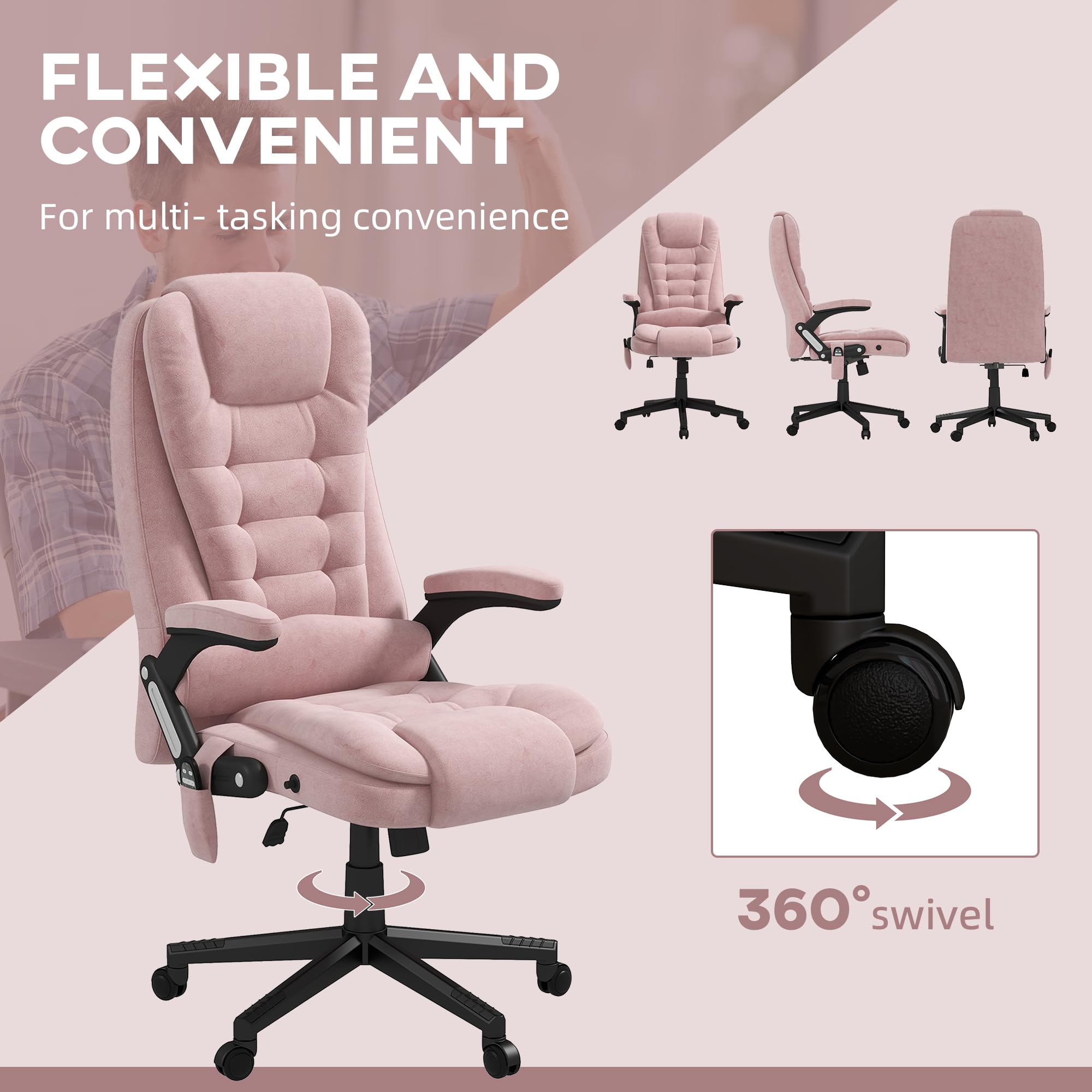 HOMCOM 6-Point Vibrating Massage Office Chair with Heat - Velvet High Back Executive Chair, Reclining Backrest & Padded Armrests - Remote Control - Pink - Perfect for Home Office, Gaming & Relaxation
