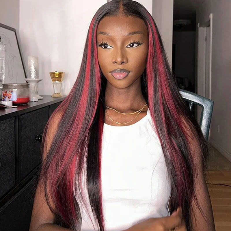 Eullair Red Blue Green Balayage Highlight Straight Lace Frontal Wig for Women - Peekaboo Highlights Human Hair Wig for Daily Wear & Cosplay