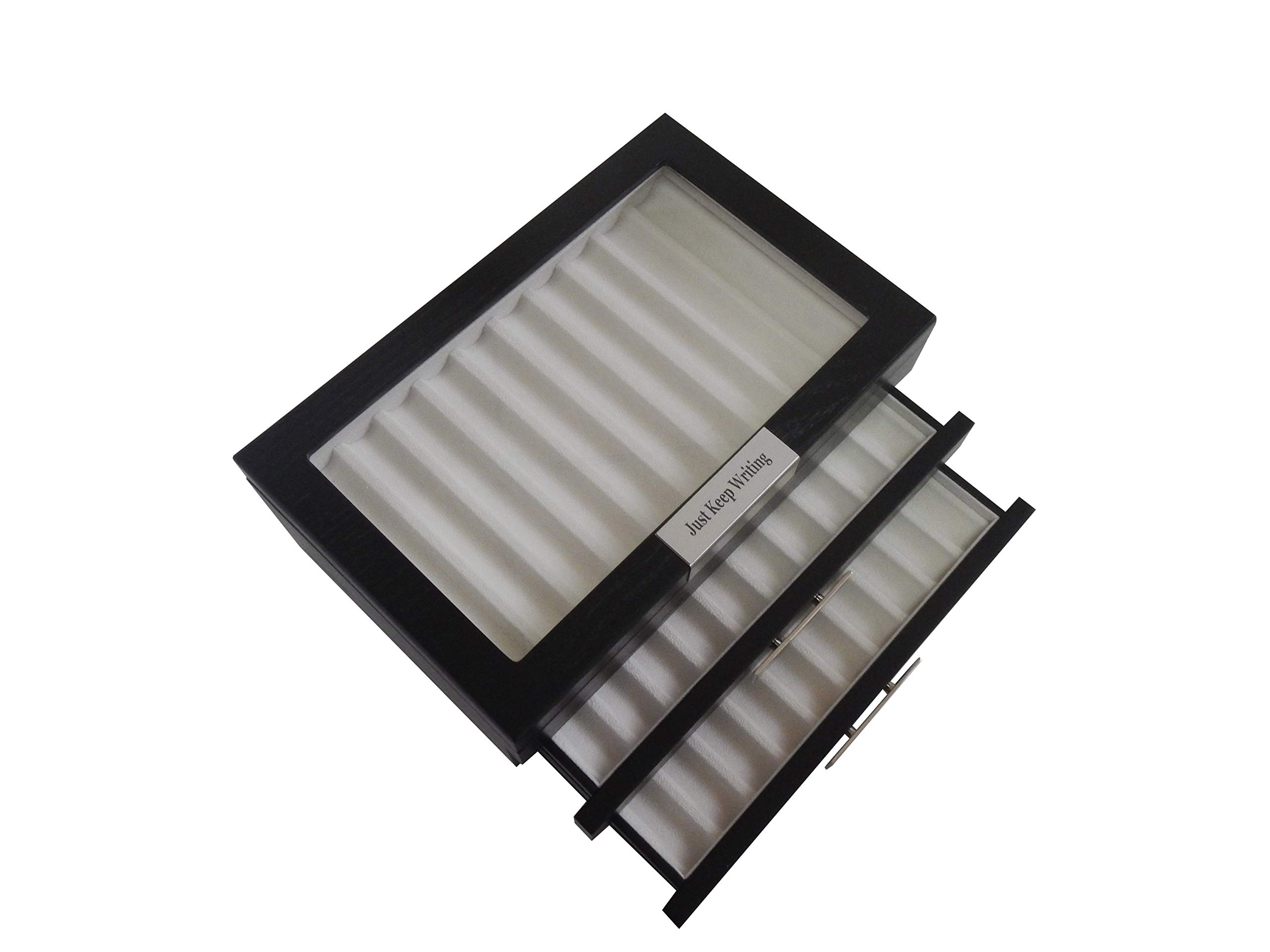 30-Piece Black Ebony Wood Personalized Pen Display Case - Fountain Pen Collector Organizer Box with Glass Window & 3-Tier Drawers - Perfect for Office, Home Desk, and Gift for Pen Enthusiasts