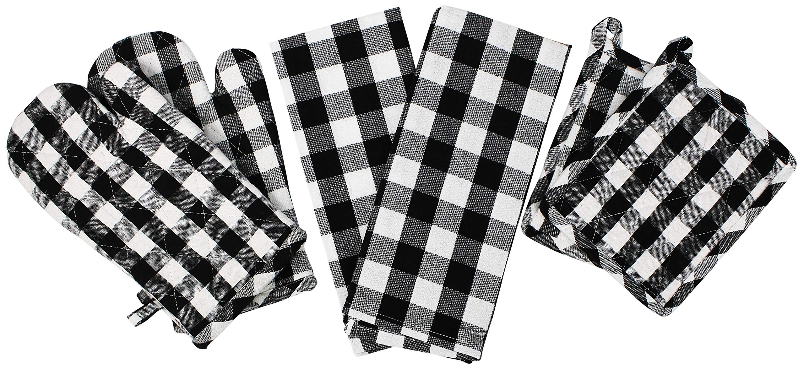 6-Piece Farmhouse Kitchen Linen Set - Premium Cotton Kitchen Towels, Oven Mitts & Pot Holders in Black - Perfect for Cooking, Baking and Home Decor