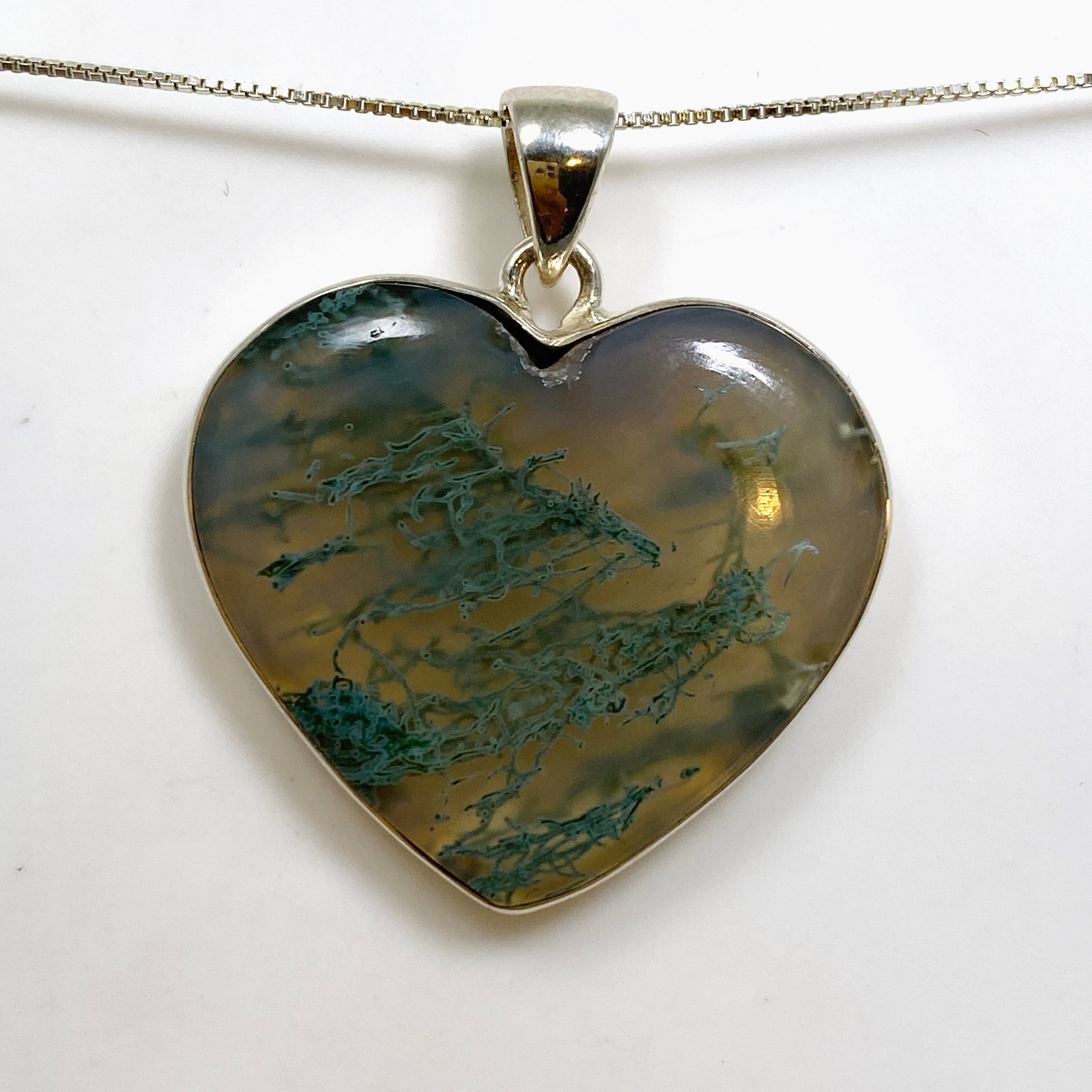 Natural Moss Agate Heart Cabochon Pendant Necklace - 925 Sterling Silver Jewelry for Women - Perfect for Valentine's Day, Anniversary & Spiritual Healing Gifts